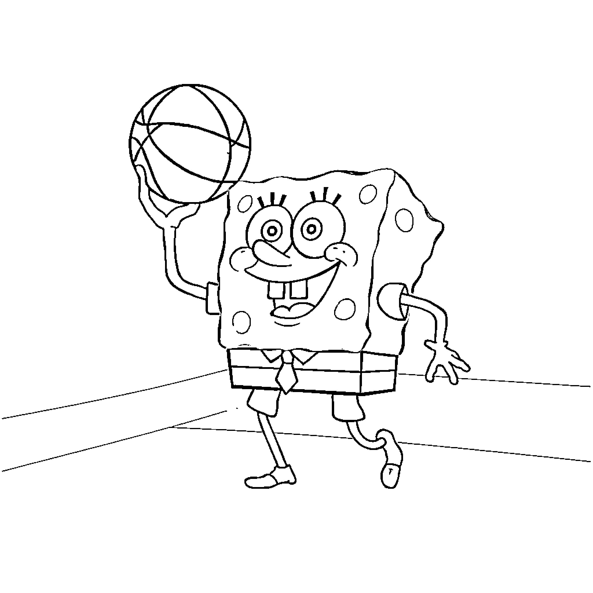 Spongebob playing with a basketball Coloring Page (free black-and-white line drawing printable PDF for all, from beginners to advanced learners, including children, teens, adults, and seniors)