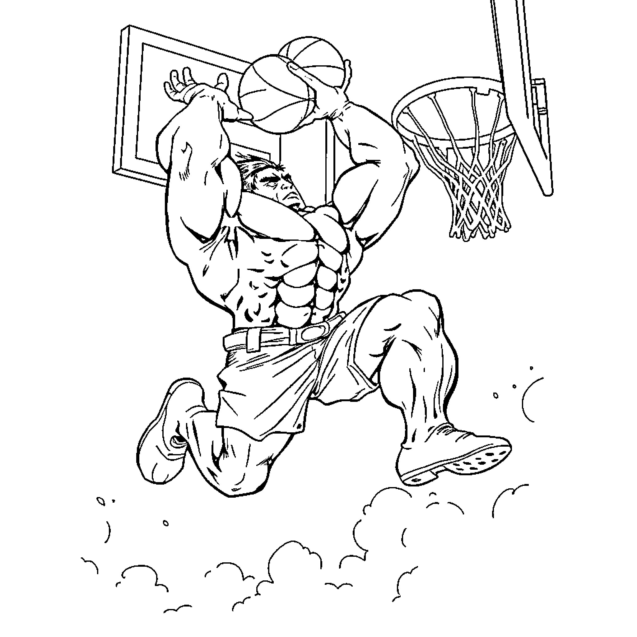 Hulk Dunking Fierce Basketball Slam Dunk Coloring Page (free black-and-white line drawing printable PDF for all, from beginners to advanced learners, including children, teens, adults, and seniors)