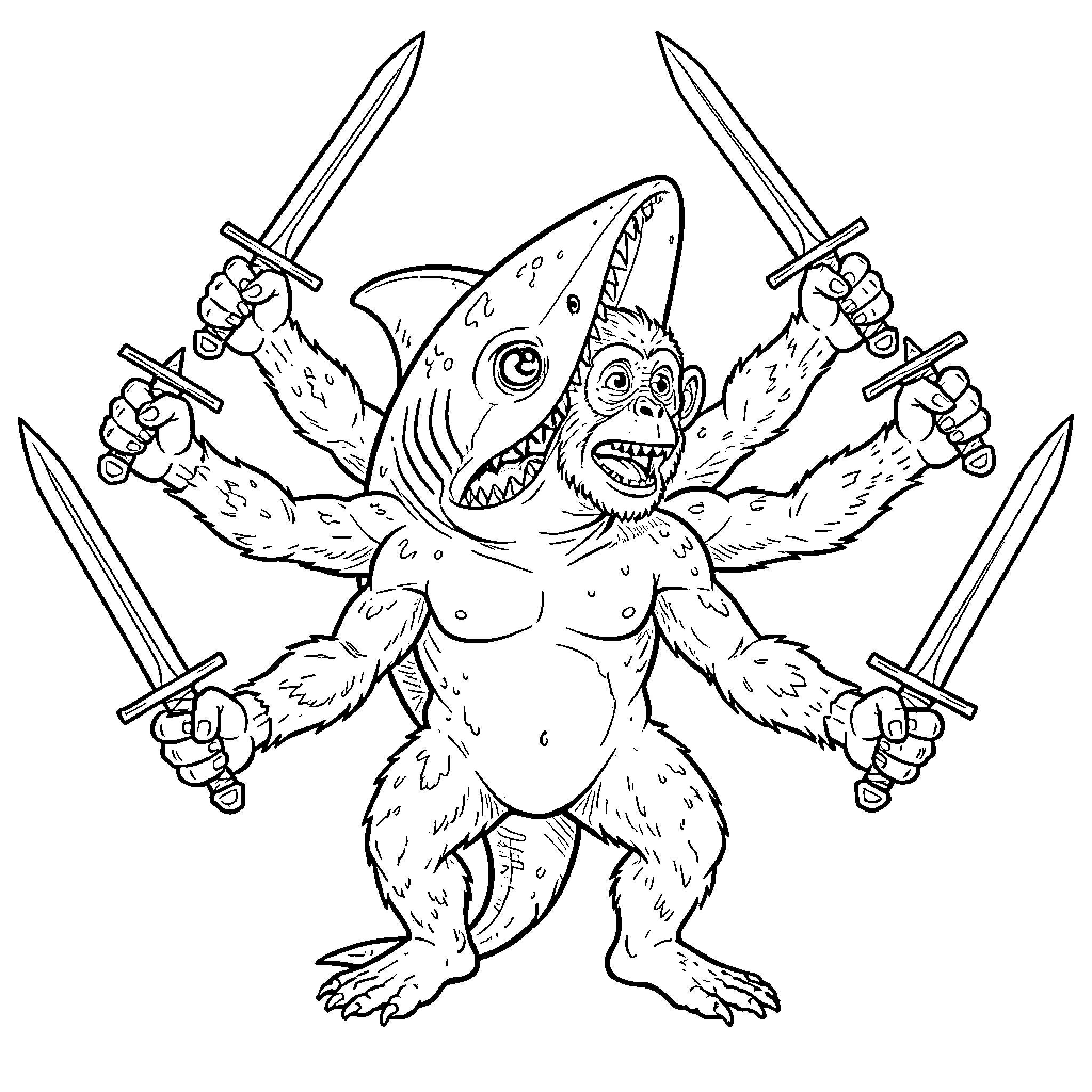 Shark Monkey wielding multiple swords in a combat pose Coloring Page (free black-and-white line drawing printable PDF for all, from beginners to advanced learners, including children, teens, adults, and seniors)