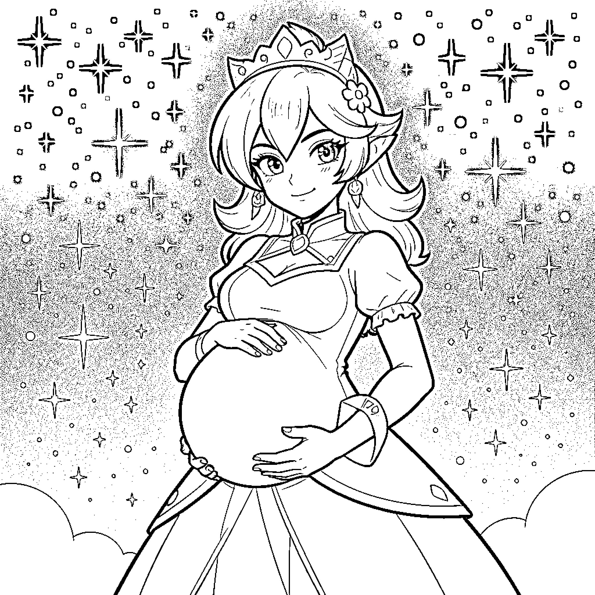 Princess in Sparkling Celestial Gown Coloring Page (free black-and-white line drawing printable PDF for all, from beginners to advanced learners, including children, teens, adults, and seniors)