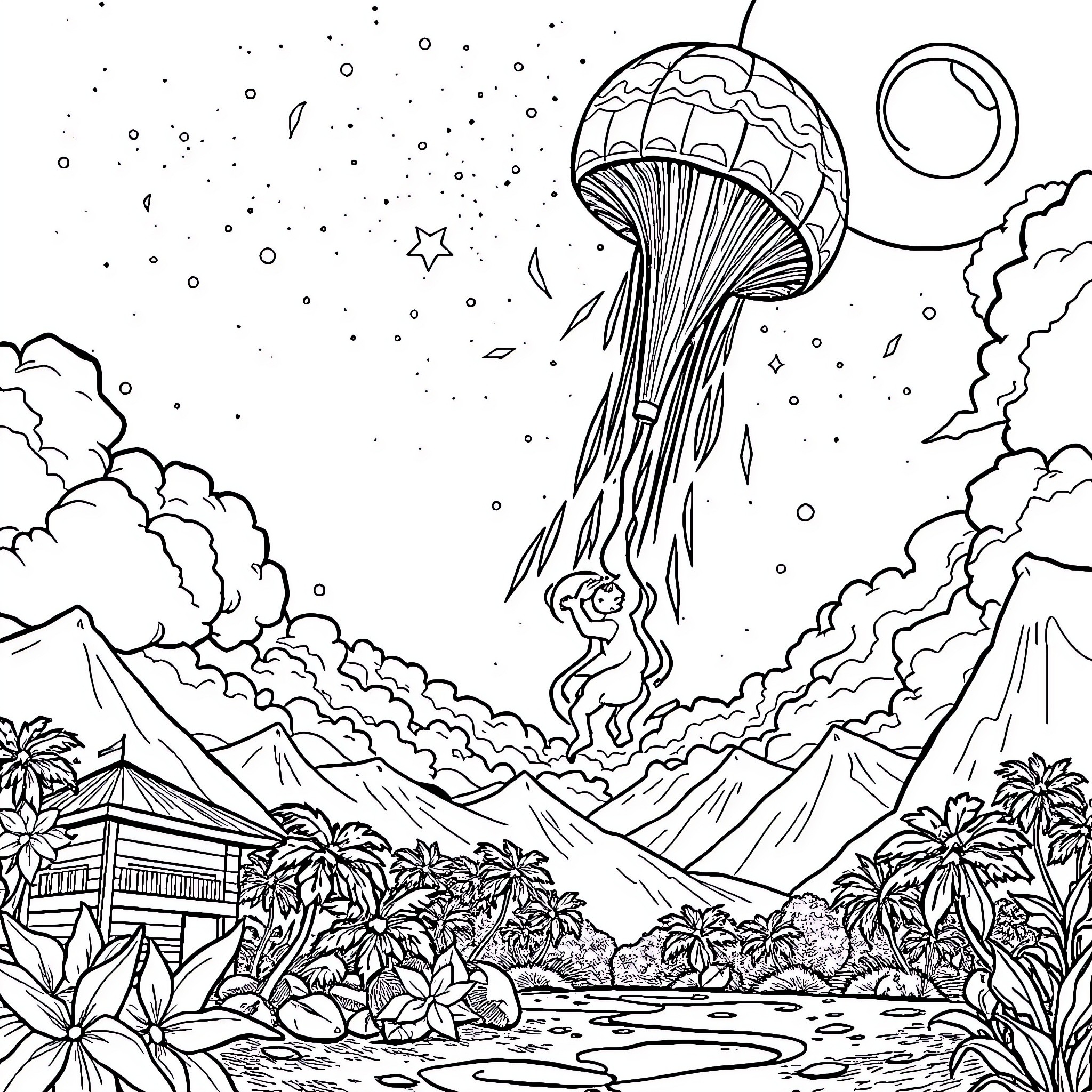 Rocket soaring through alien landscape at night Coloring Page (free black-and-white line drawing printable PDF for all, from beginners to advanced learners, including children, teens, adults, and seniors)