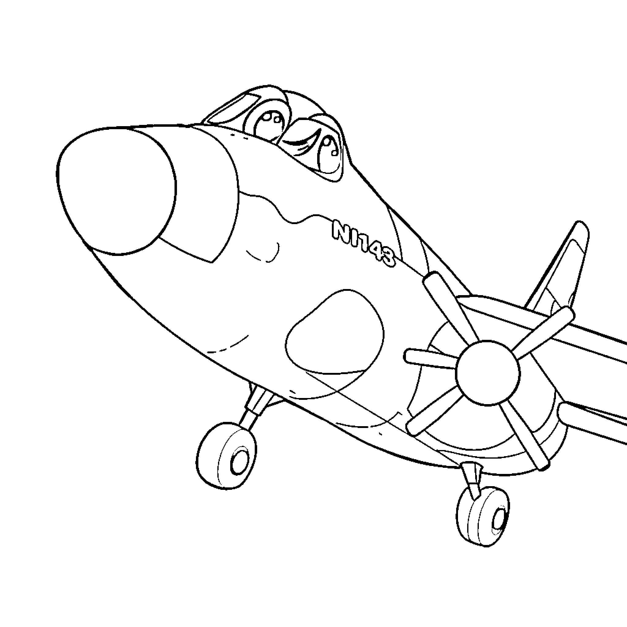 Airplane with playful cartoon character Coloring Page (free black-and-white line drawing printable PDF for all, from beginners to advanced learners, including children, teens, adults, and seniors)