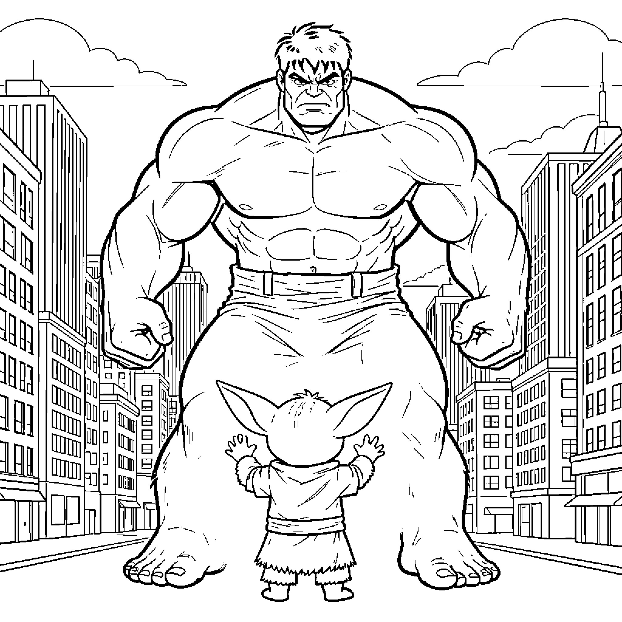Hulk standing tall facing a small character in a city Coloring Page (free black-and-white line drawing printable PDF for all, from beginners to advanced learners, including children, teens, adults, and seniors)