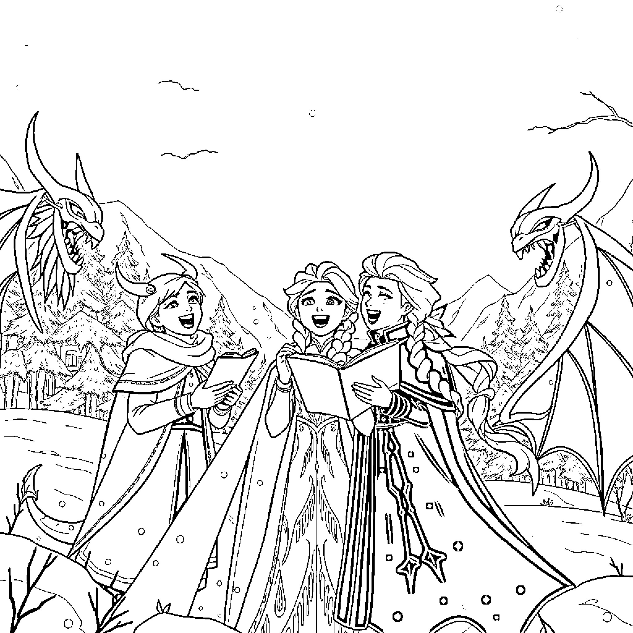 Kpop Demon Hunter's Battle Amid Snowy Peaks Coloring Page (free black-and-white line drawing printable PDF for all, from beginners to advanced learners, including children, teens, adults, and seniors)