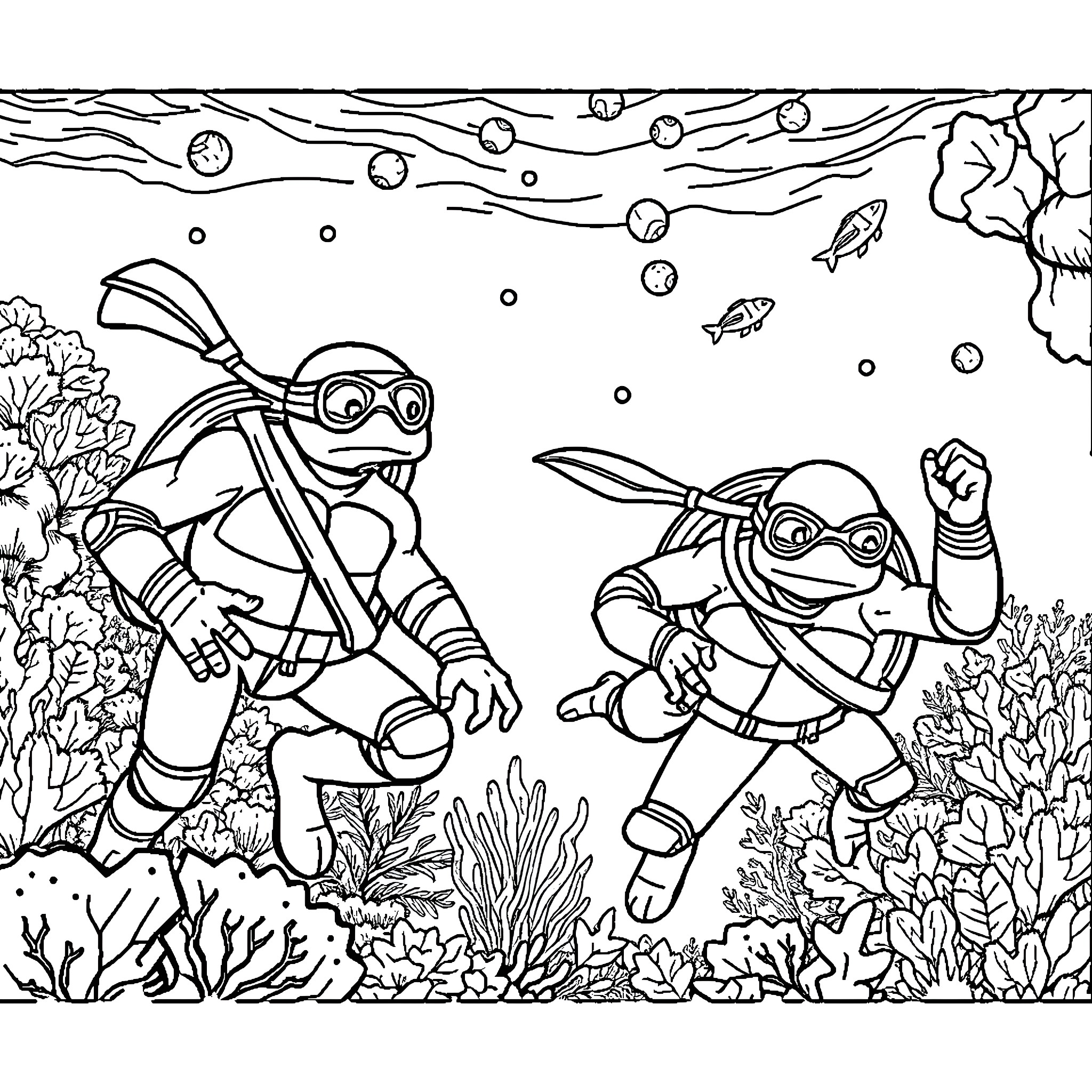 Ninja Turtles exploring underwater coral reef adventure Coloring Page (free black-and-white line drawing printable PDF for all, from beginners to advanced learners, including children, teens, adults, and seniors)