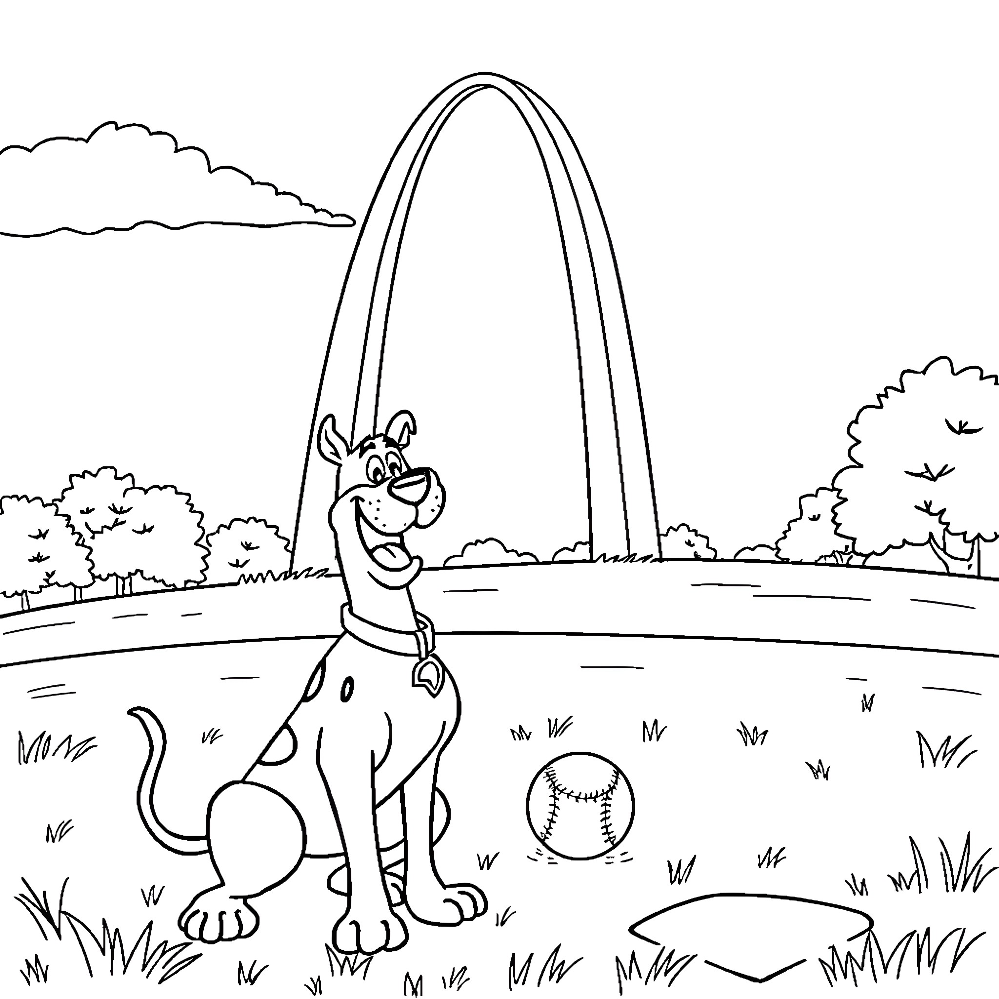 Scooby Doo playing in a field with a baseball Coloring Page (free black-and-white line drawing printable PDF for all, from beginners to advanced learners, including children, teens, adults, and seniors)