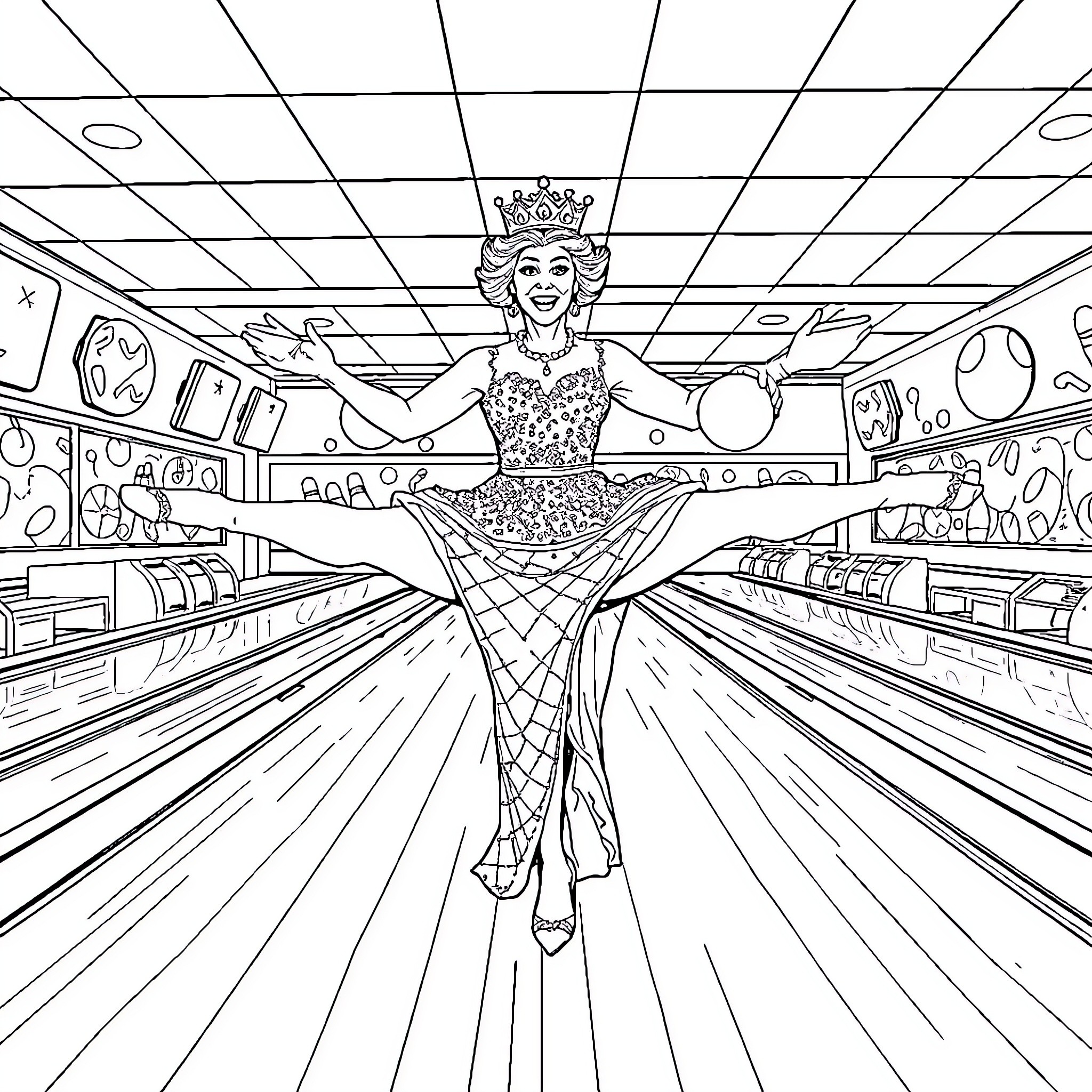 Queen Posing Gracefully in Supermarket Coloring Page (free black-and-white line drawing printable PDF for all, from beginners to advanced learners, including children, teens, adults, and seniors)