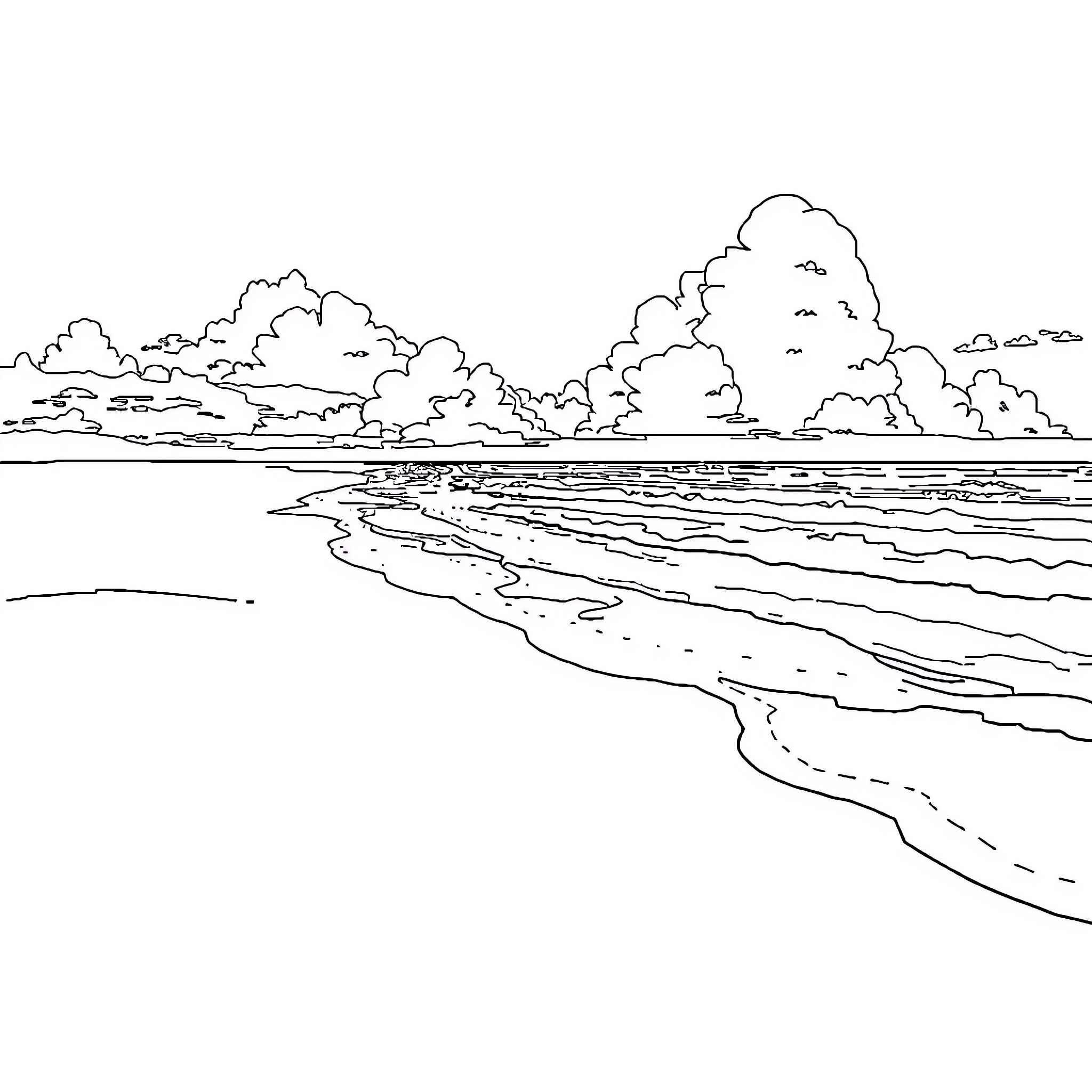 Beach scene with cloudy skies and waves Coloring Page (free black-and-white line drawing printable PDF for all, from beginners to advanced learners, including children, teens, adults, and seniors)