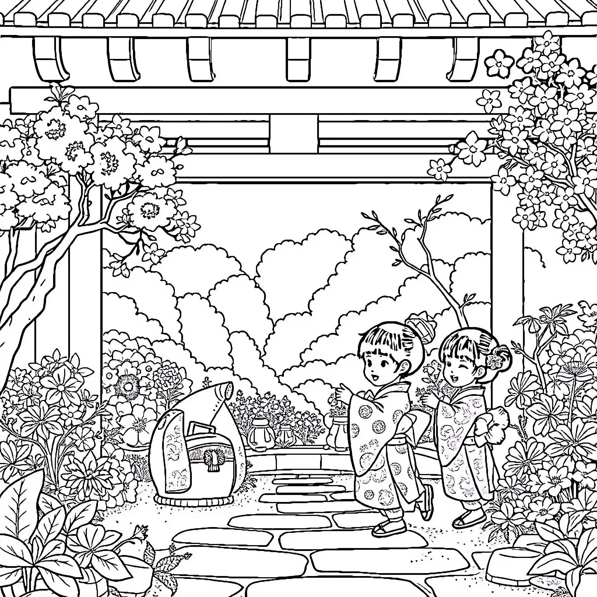 Child Enjoying Spring Scenery with Friend Coloring Page (free black-and-white line drawing printable PDF for all, from beginners to advanced learners, including children, teens, adults, and seniors)
