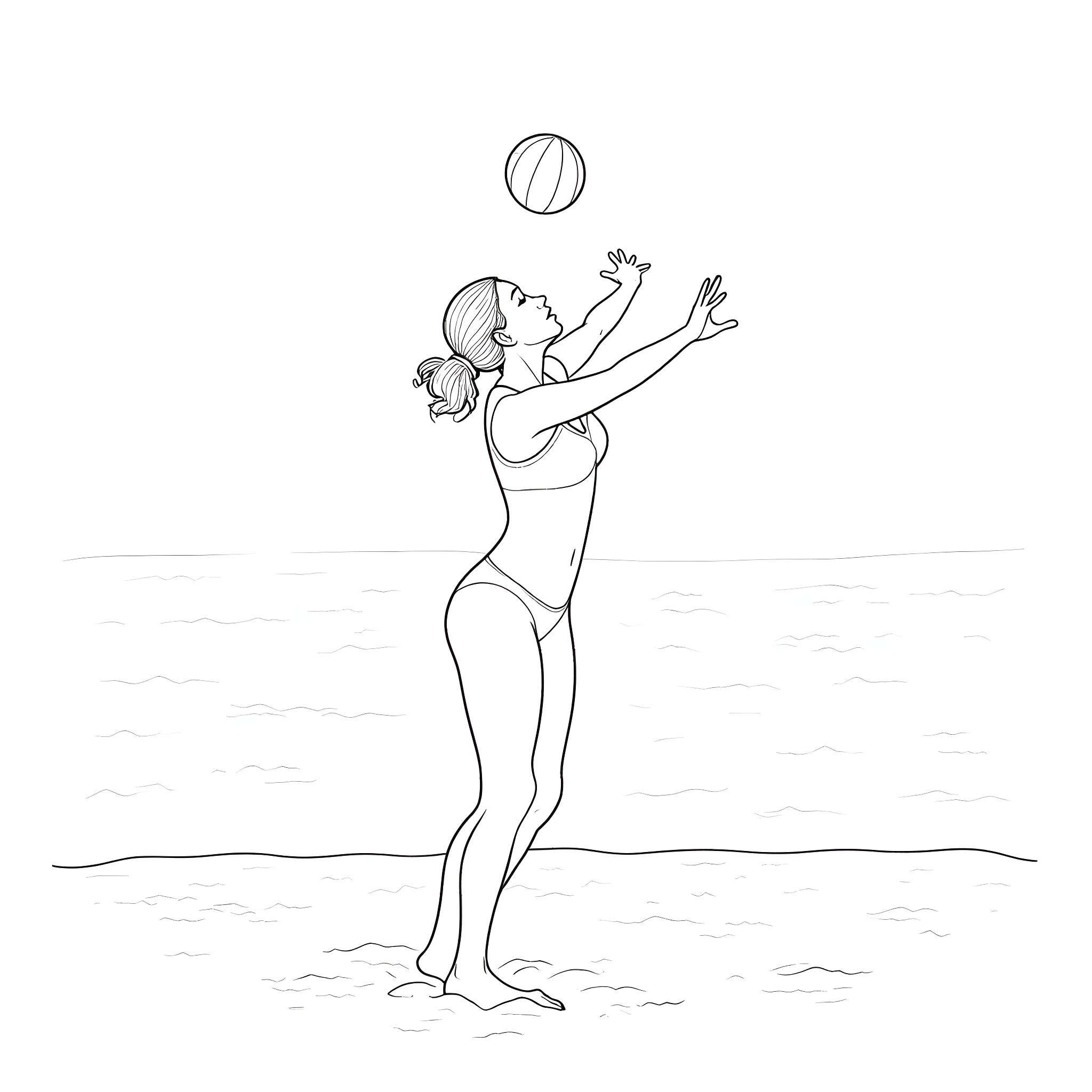 Scarlett Johansson playing volleyball on the beach Coloring Page (free black-and-white line drawing printable PDF for all, from beginners to advanced learners, including children, teens, adults, and seniors)