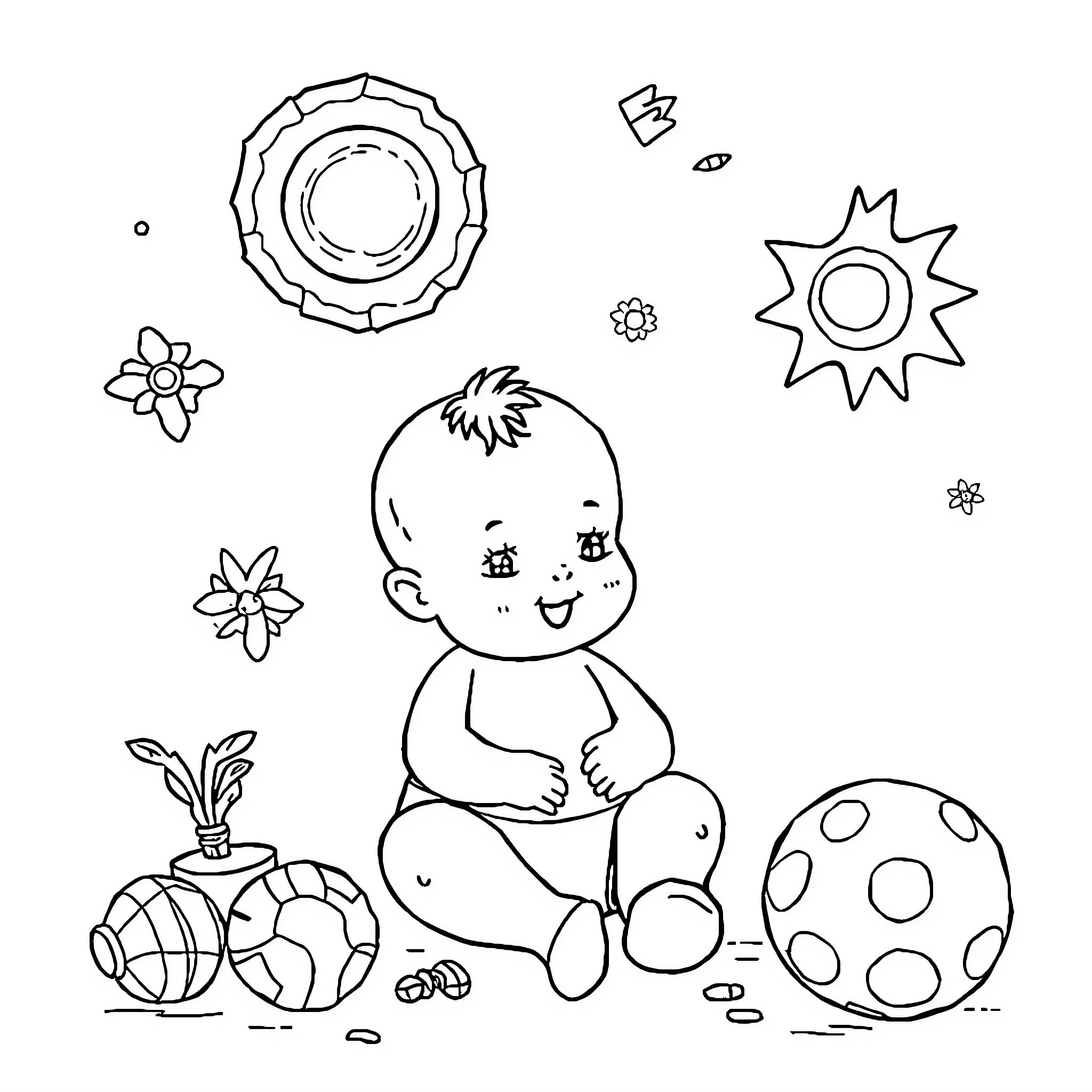 Baby playing with toys and smiling happily Coloring Page (free black-and-white line drawing printable PDF for all, from beginners to advanced learners, including children, teens, adults, and seniors)