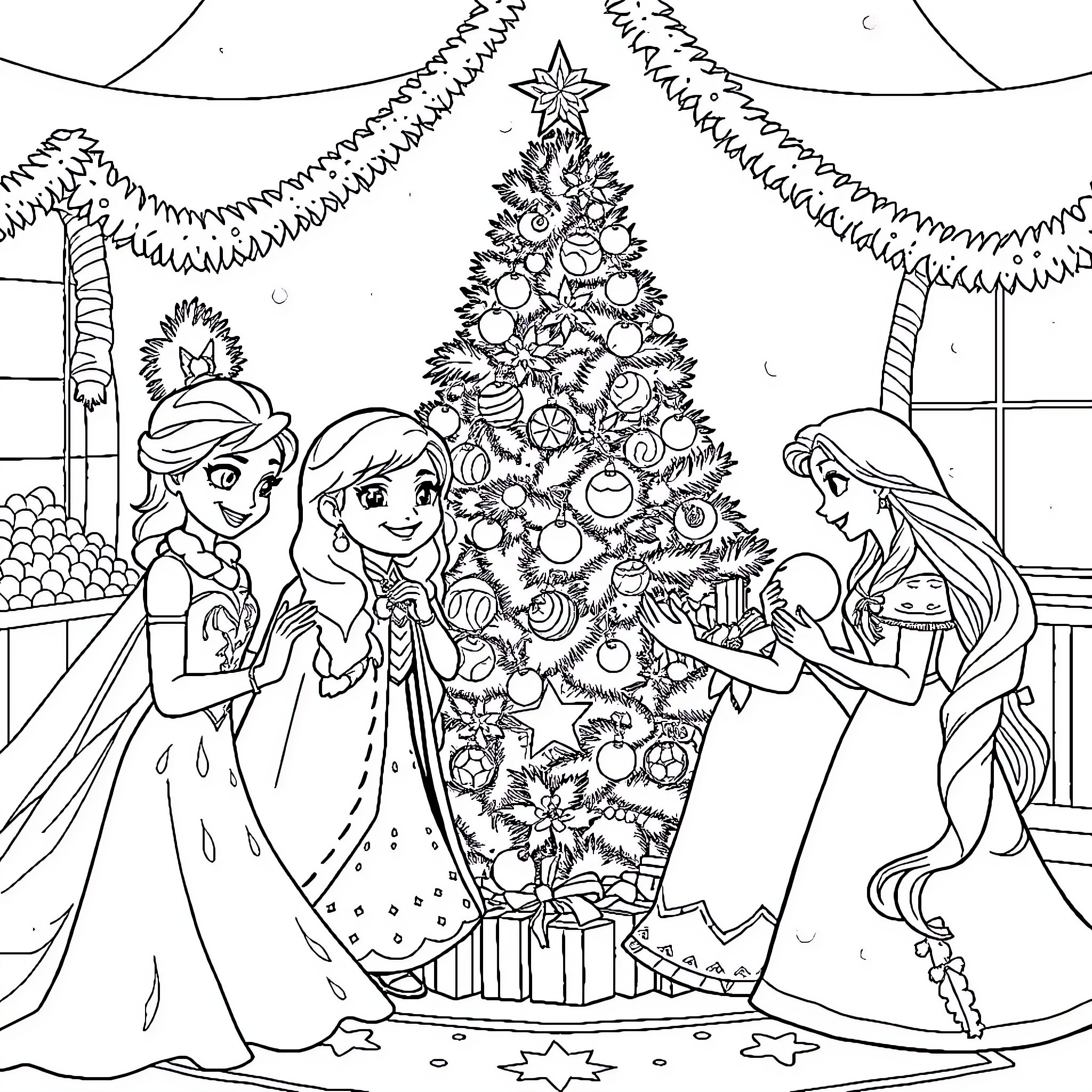 Princess and Friends Decorating Christmas Tree Coloring Page (free black-and-white line drawing printable PDF for all, from beginners to advanced learners, including children, teens, adults, and seniors)