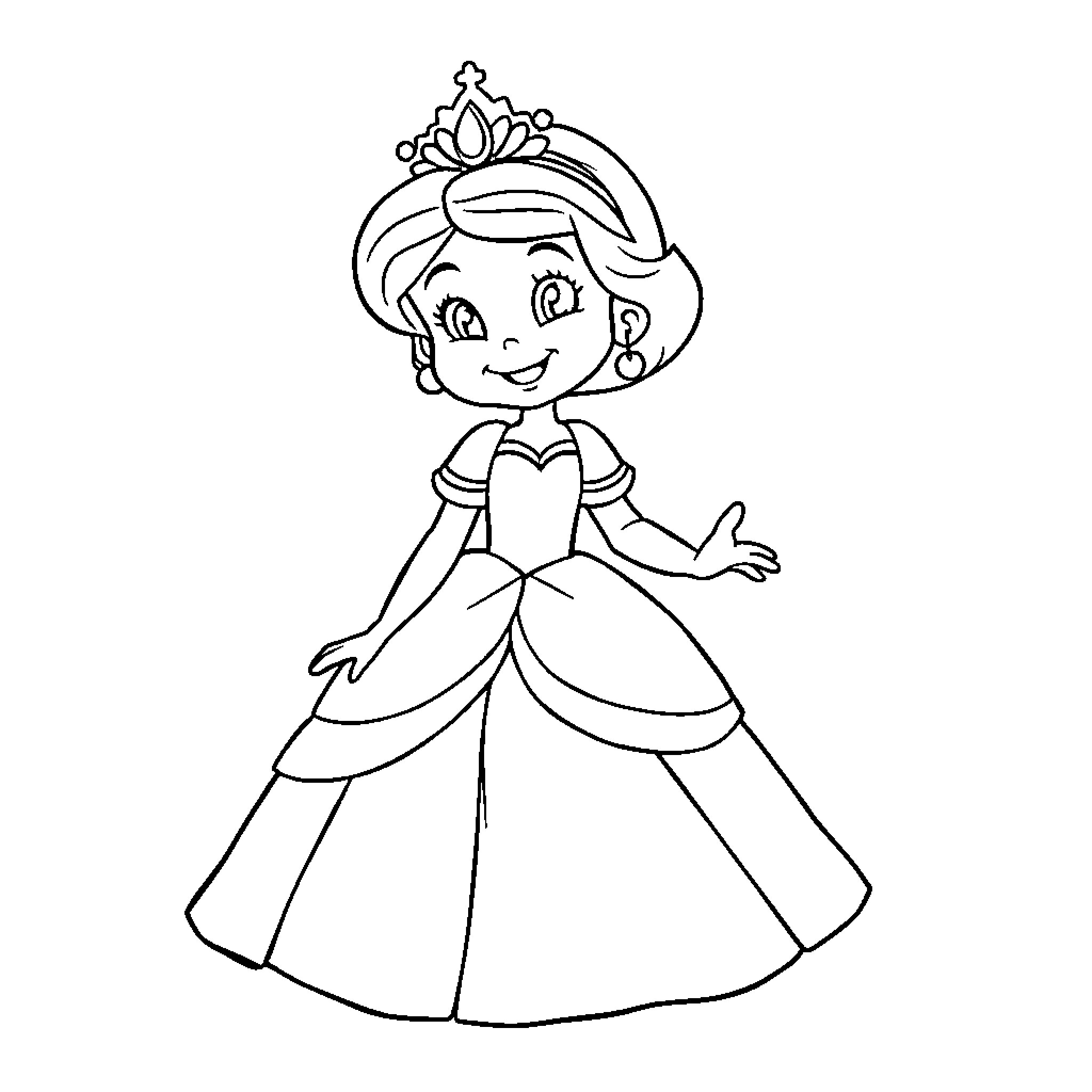 Princess in Regal Dress and Crown Coloring Page (free black-and-white line drawing printable PDF for all, from beginners to advanced learners, including children, teens, adults, and seniors)