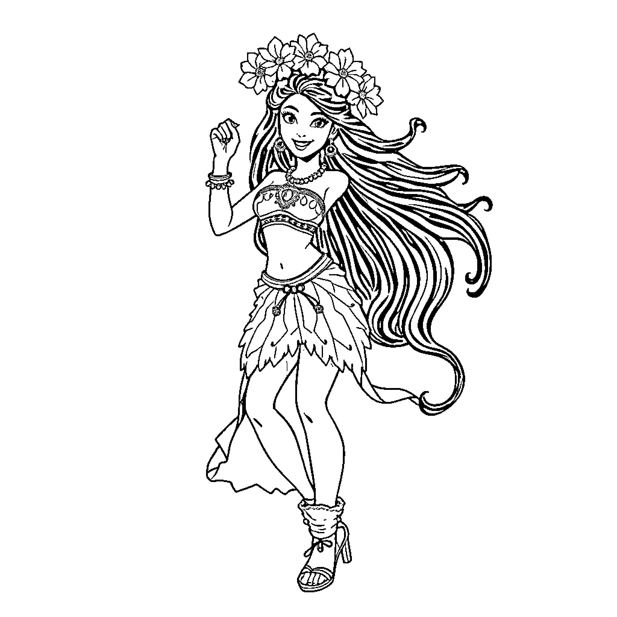 Vaiana dancing joyfully in traditional attire Coloring Page (free black-and-white line drawing printable PDF for all, from beginners to advanced learners, including children, teens, adults, and seniors)