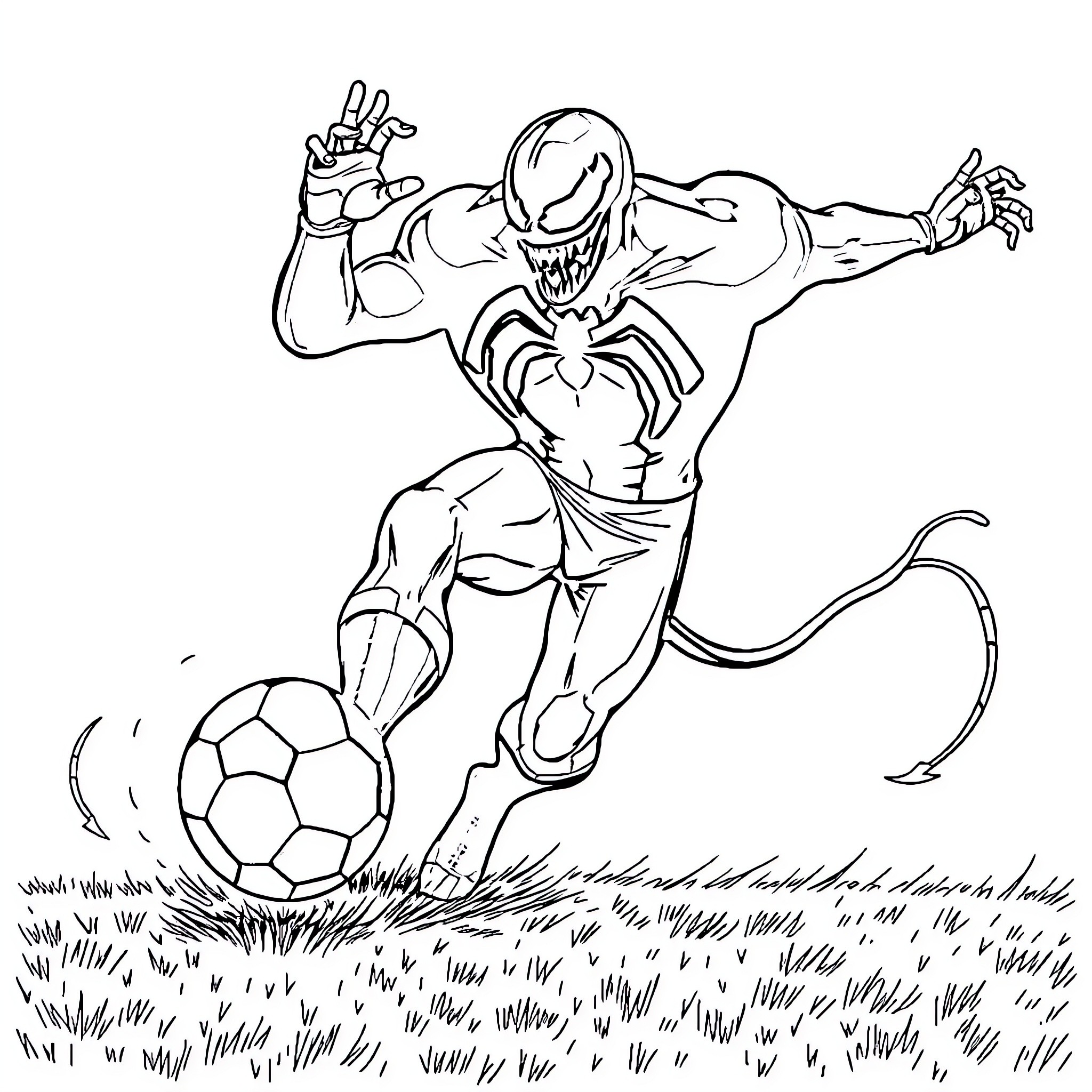 Venom playing soccer in the field Coloring Page (free black-and-white line drawing printable PDF for all, from beginners to advanced learners, including children, teens, adults, and seniors)