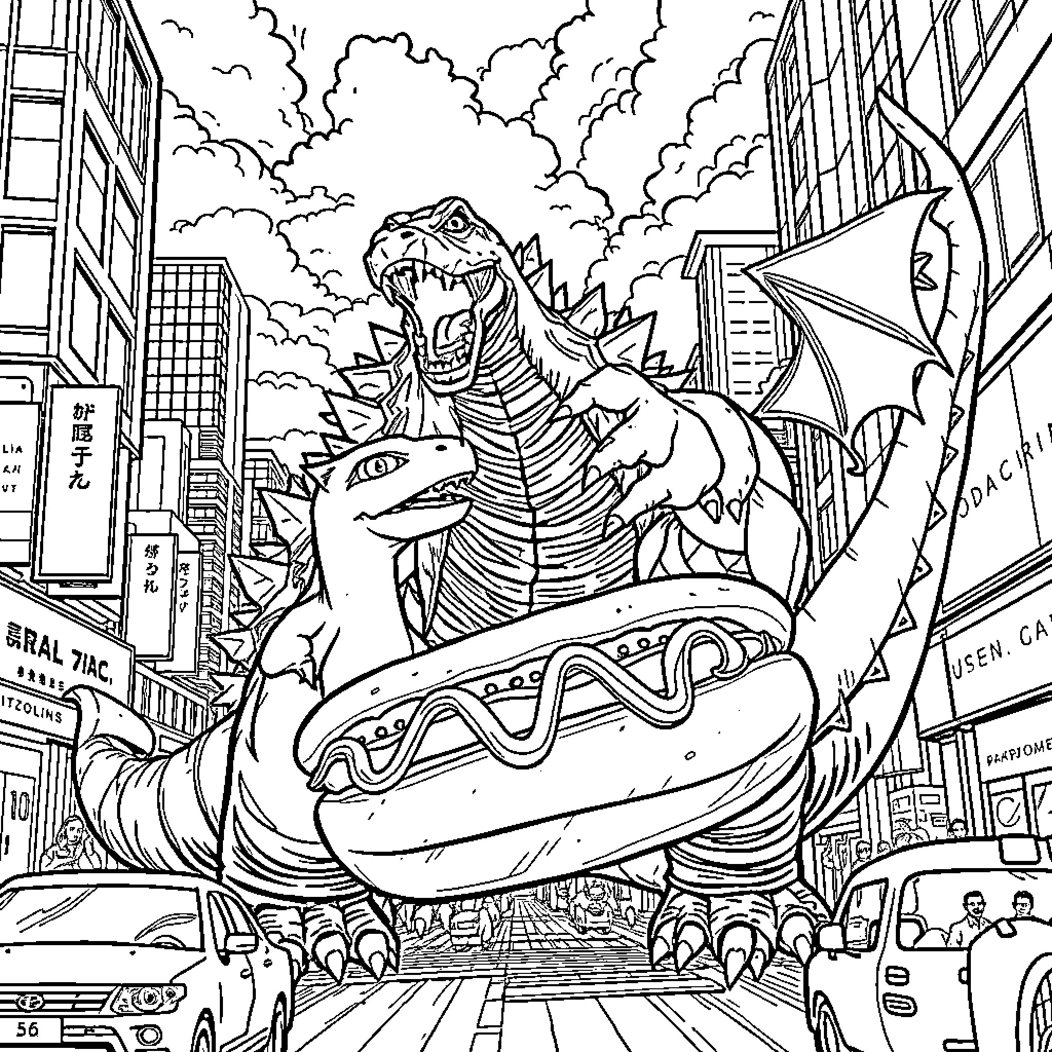 Godzilla rampaging through the city Coloring Page (free black-and-white line drawing printable PDF for all, from beginners to advanced learners, including children, teens, adults, and seniors)