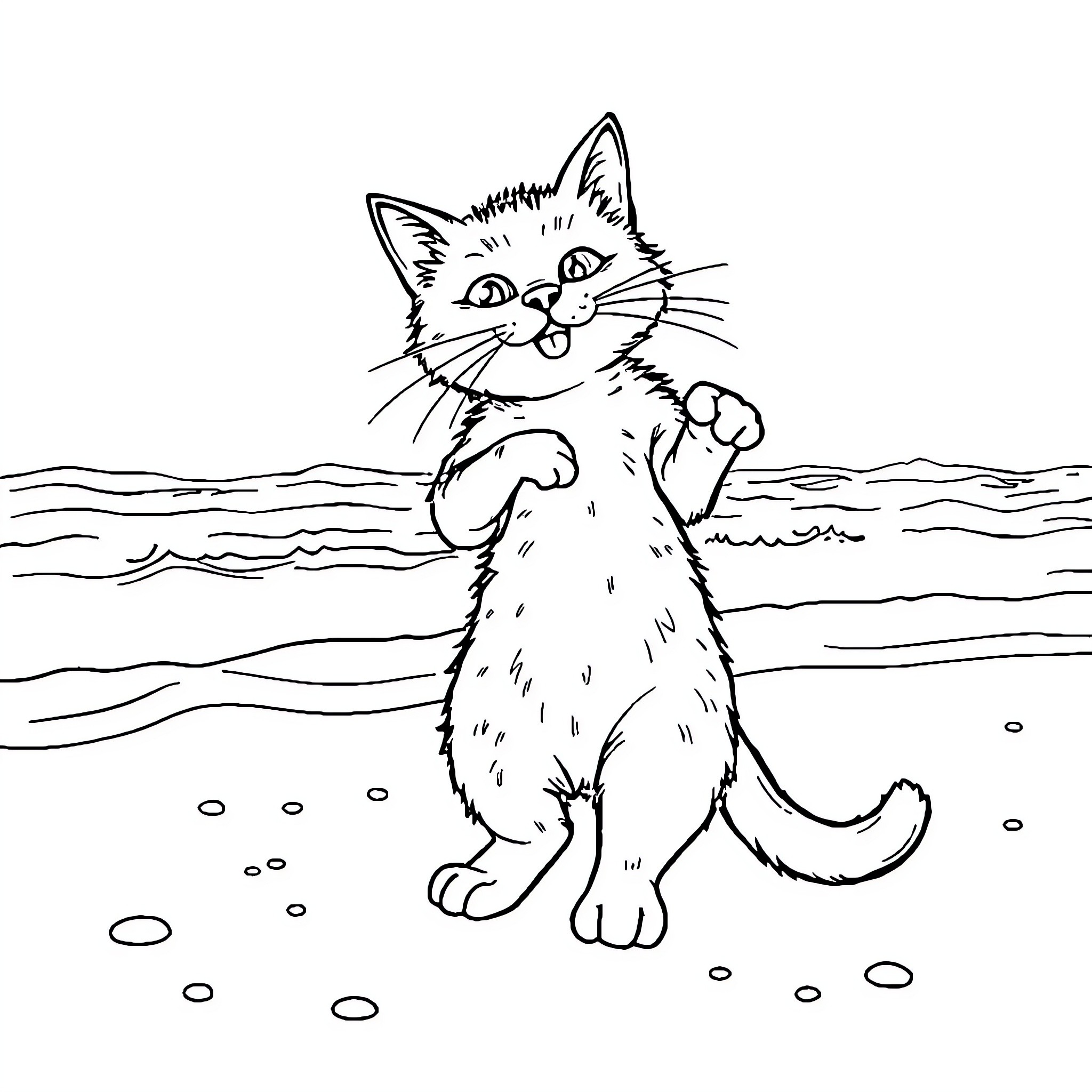 Cat playing in the sand Coloring Page (free black-and-white line drawing printable PDF for all, from beginners to advanced learners, including children, teens, adults, and seniors)