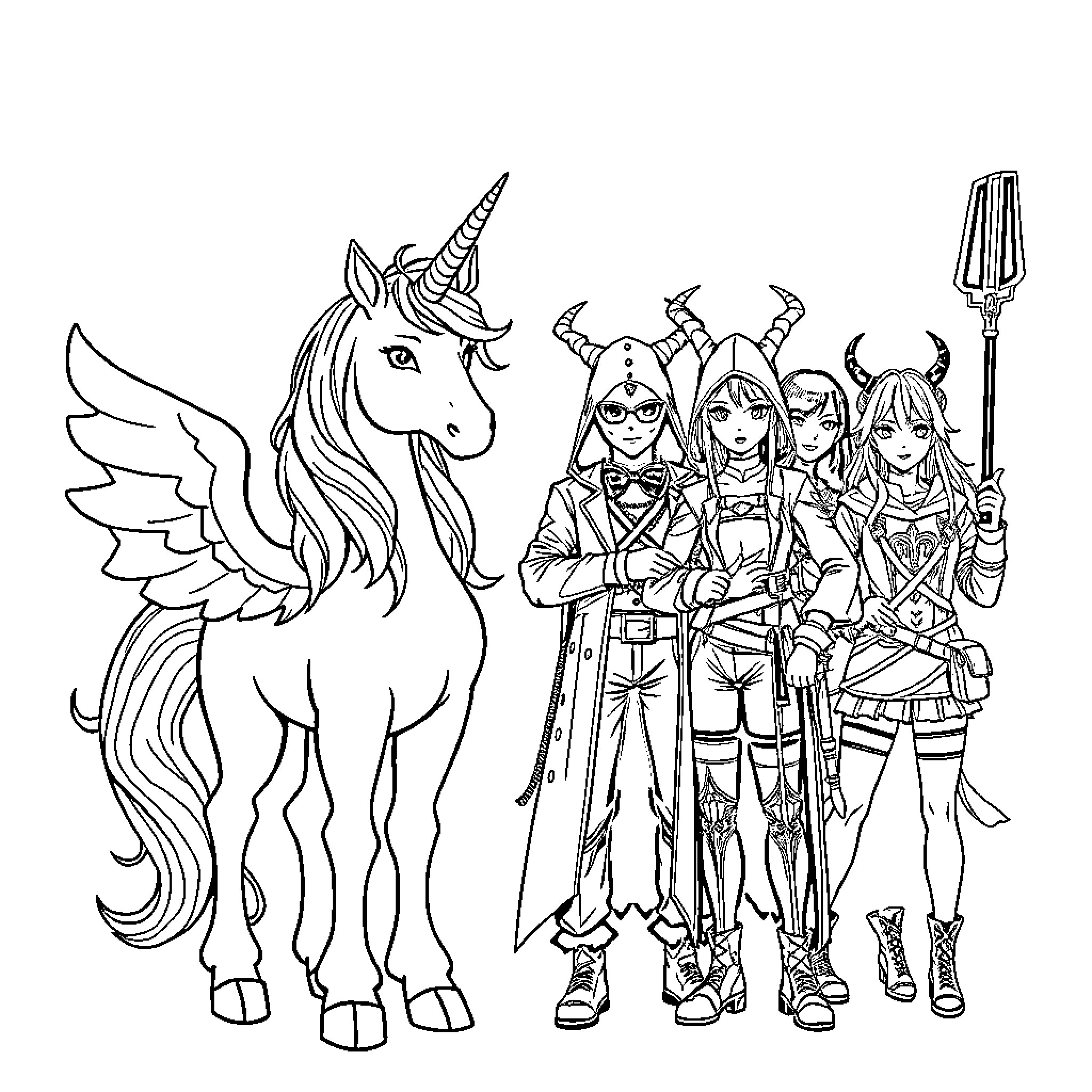Unicorn and Magical Girls in Fantasy Adventure Coloring Page (free black-and-white line drawing printable PDF for all, from beginners to advanced learners, including children, teens, adults, and seniors)