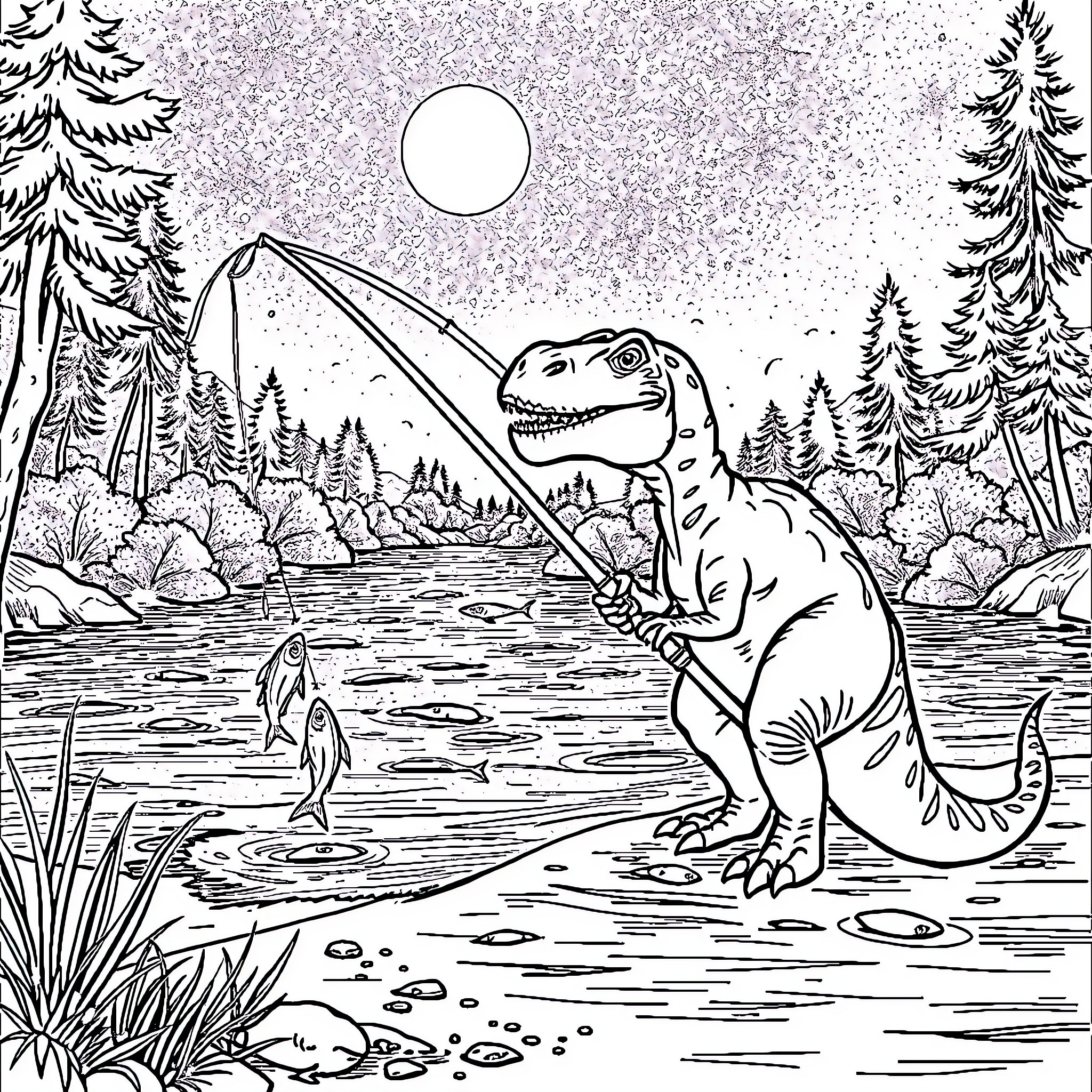 Dinosaur Fishing by Moonlight in the Forest Coloring Page (free black-and-white line drawing printable PDF for all, from beginners to advanced learners, including children, teens, adults, and seniors)