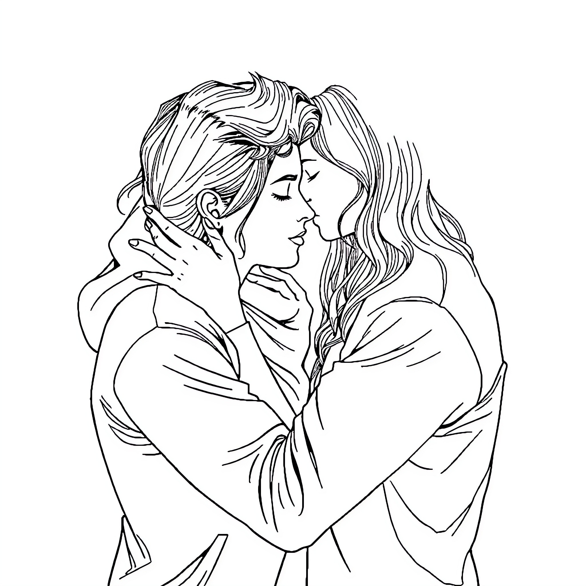 Human intimately embracing in tender moment Coloring Page (free black-and-white line drawing printable PDF for all, from beginners to advanced learners, including children, teens, adults, and seniors)
