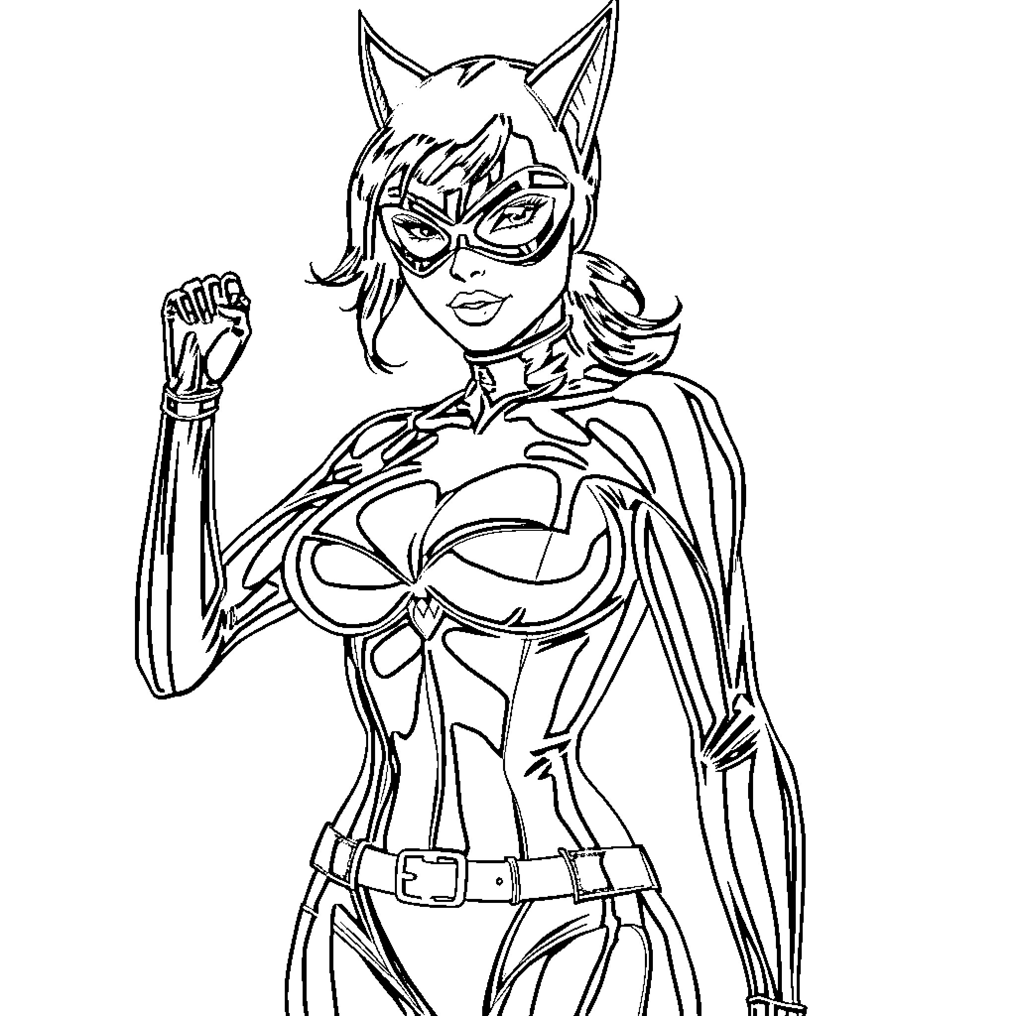 Catwoman in Heroic Pose with Determined Expression Coloring Page (free black-and-white line drawing printable PDF for all, from beginners to advanced learners, including children, teens, adults, and seniors)