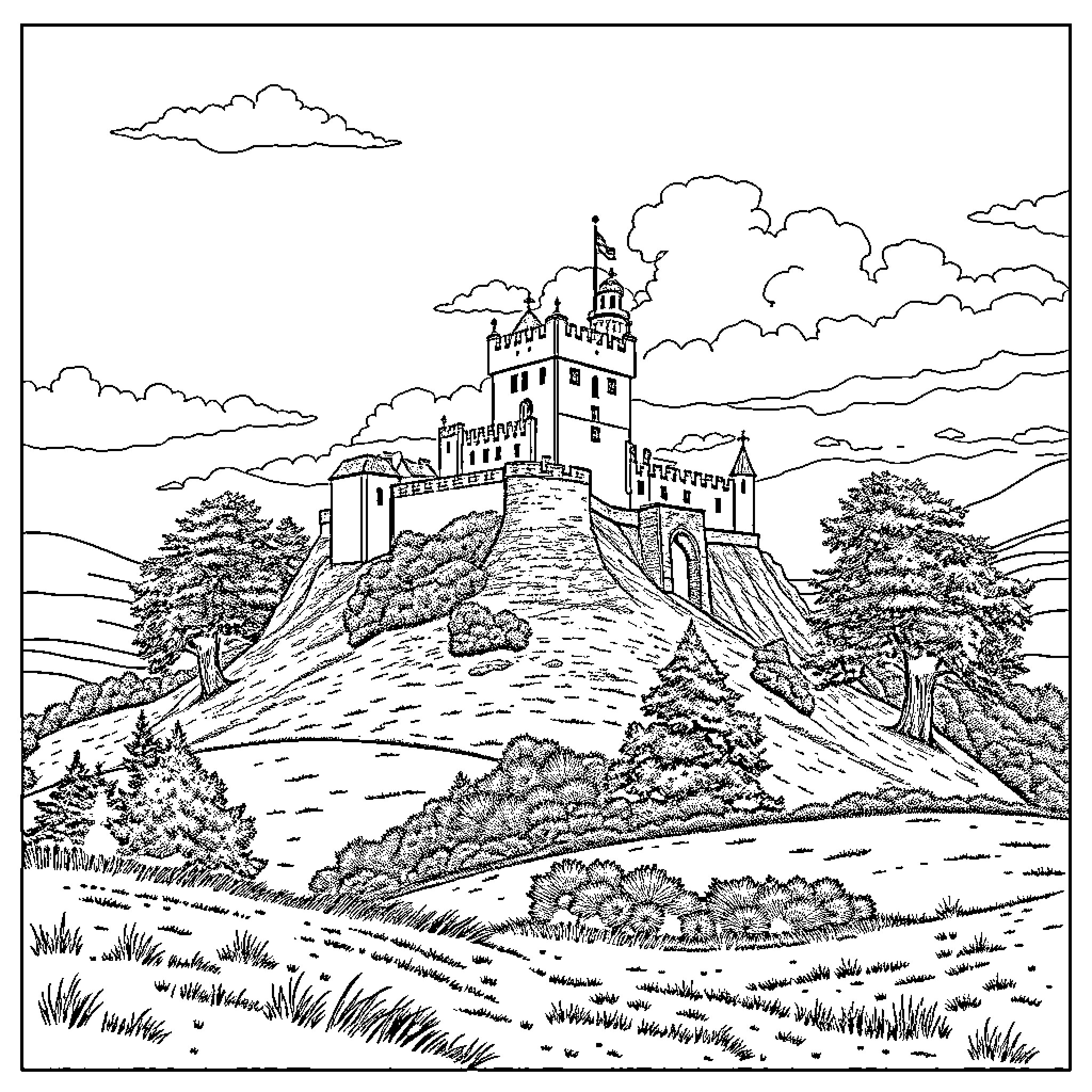 Castle on a Hilltop amid Scenic Landscape Coloring Page (free black-and-white line drawing printable PDF for all, from beginners to advanced learners, including children, teens, adults, and seniors)