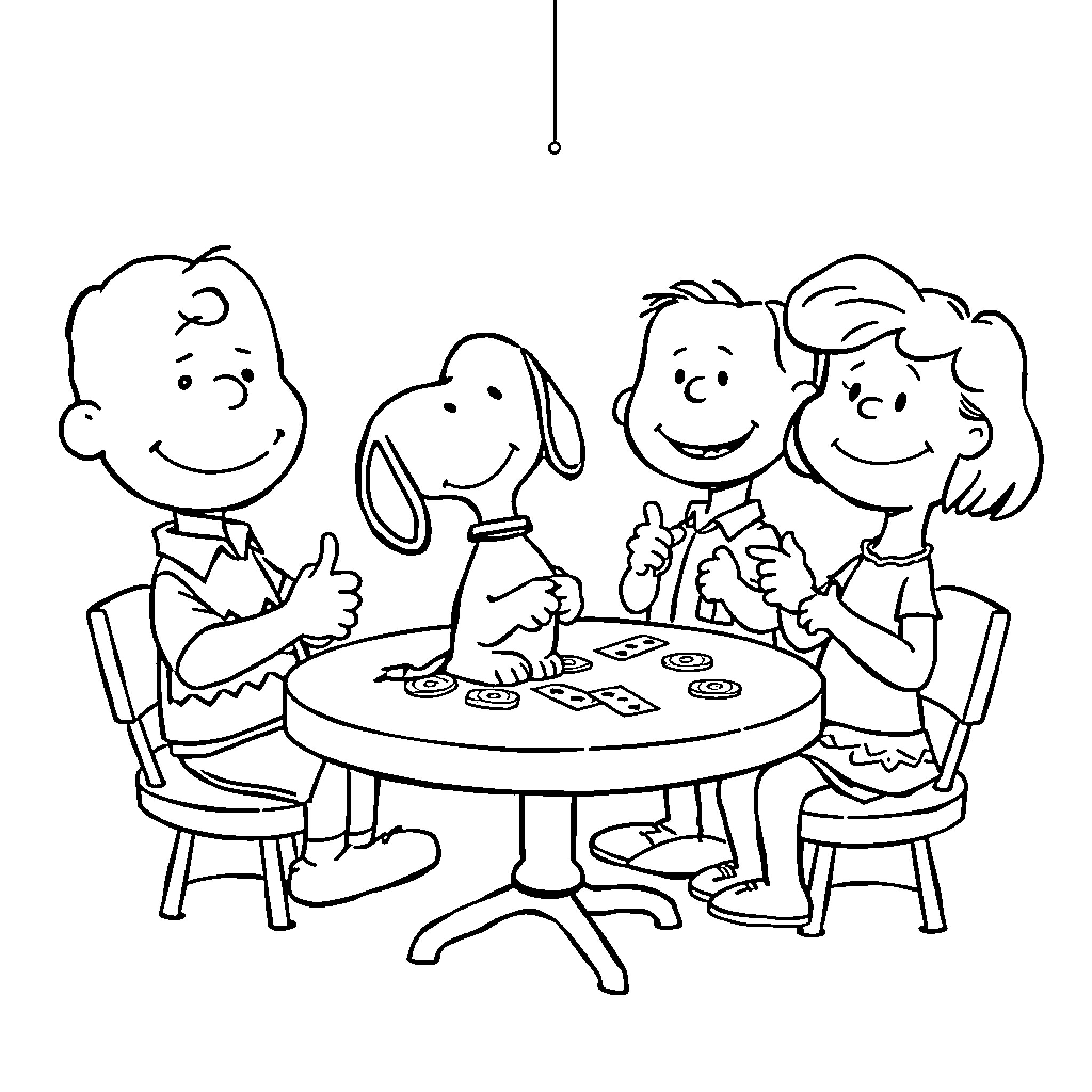 Snoopy and Friends Enjoying a Meal Together Coloring Page (free black-and-white line drawing printable PDF for all, from beginners to advanced learners, including children, teens, adults, and seniors)
