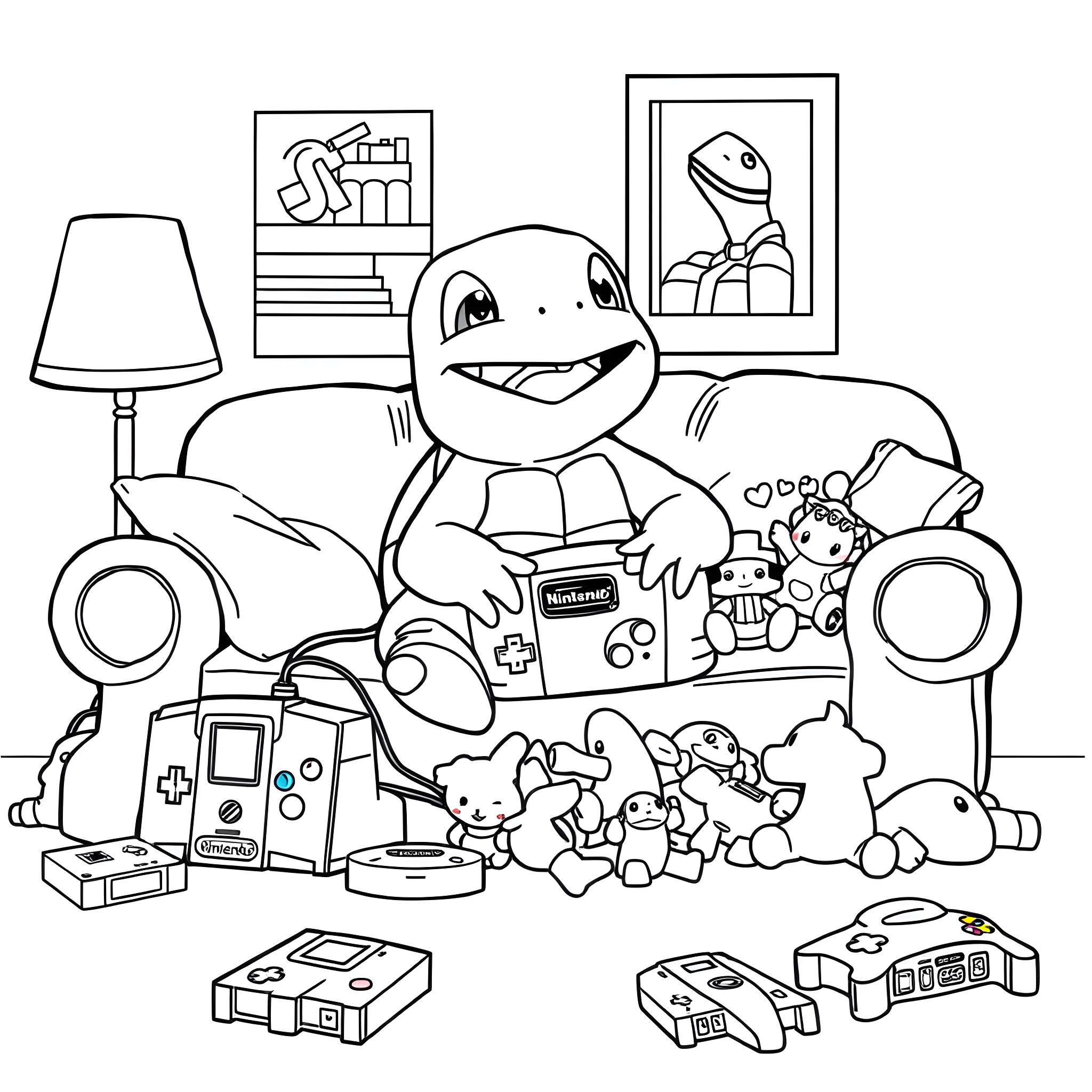 Squirtle resting on the couch surrounded by Nintendo toys Coloring Page (free black-and-white line drawing printable PDF for all, from beginners to advanced learners, including children, teens, adults, and seniors)
