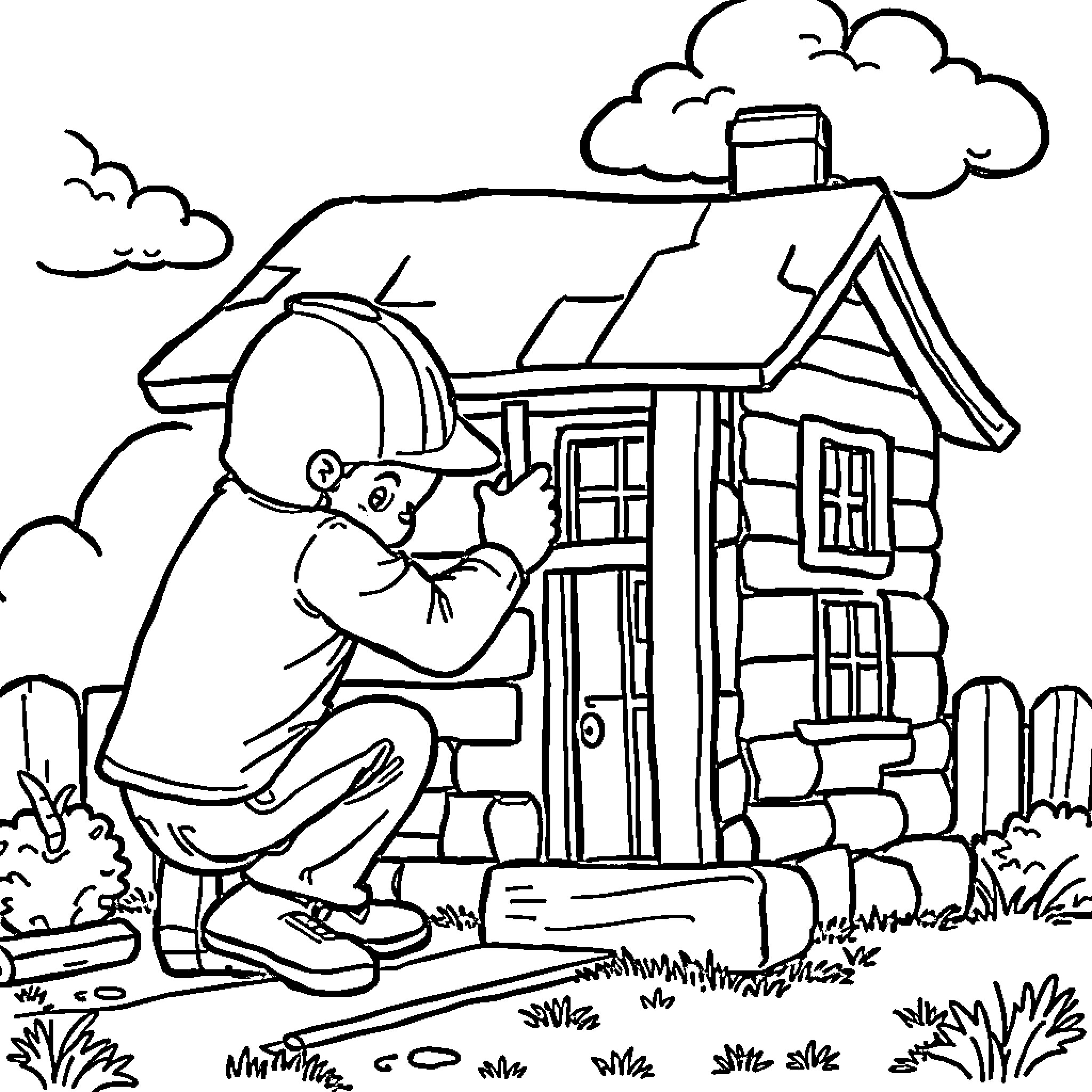 Axolotl exploring a cozy cottage in the countryside Coloring Page (free black-and-white line drawing printable PDF for all, from beginners to advanced learners, including children, teens, adults, and seniors)