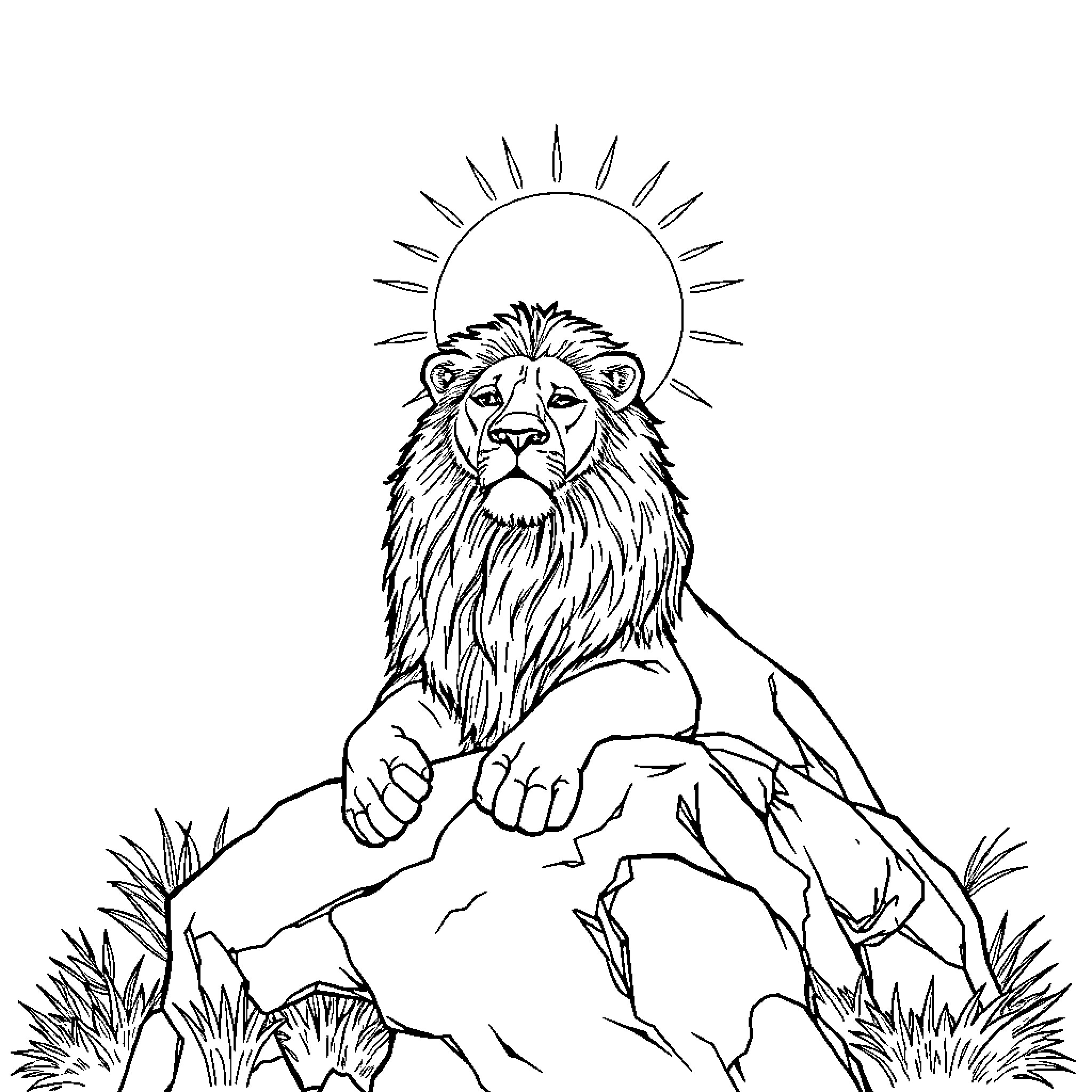Lion resting majestically on rocky terrain Coloring Page (free black-and-white line drawing printable PDF for all, from beginners to advanced learners, including children, teens, adults, and seniors)