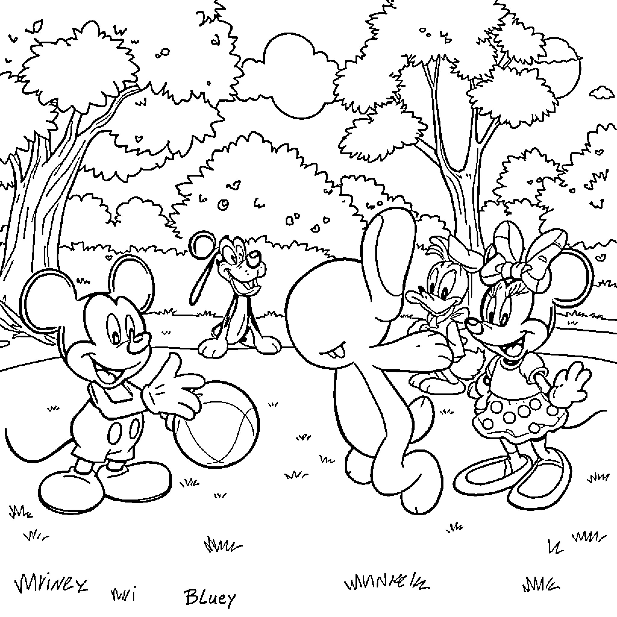 Bluey's Magical Forest Adventure Coloring Page (free black-and-white line drawing printable PDF for all, from beginners to advanced learners, including children, teens, adults, and seniors)