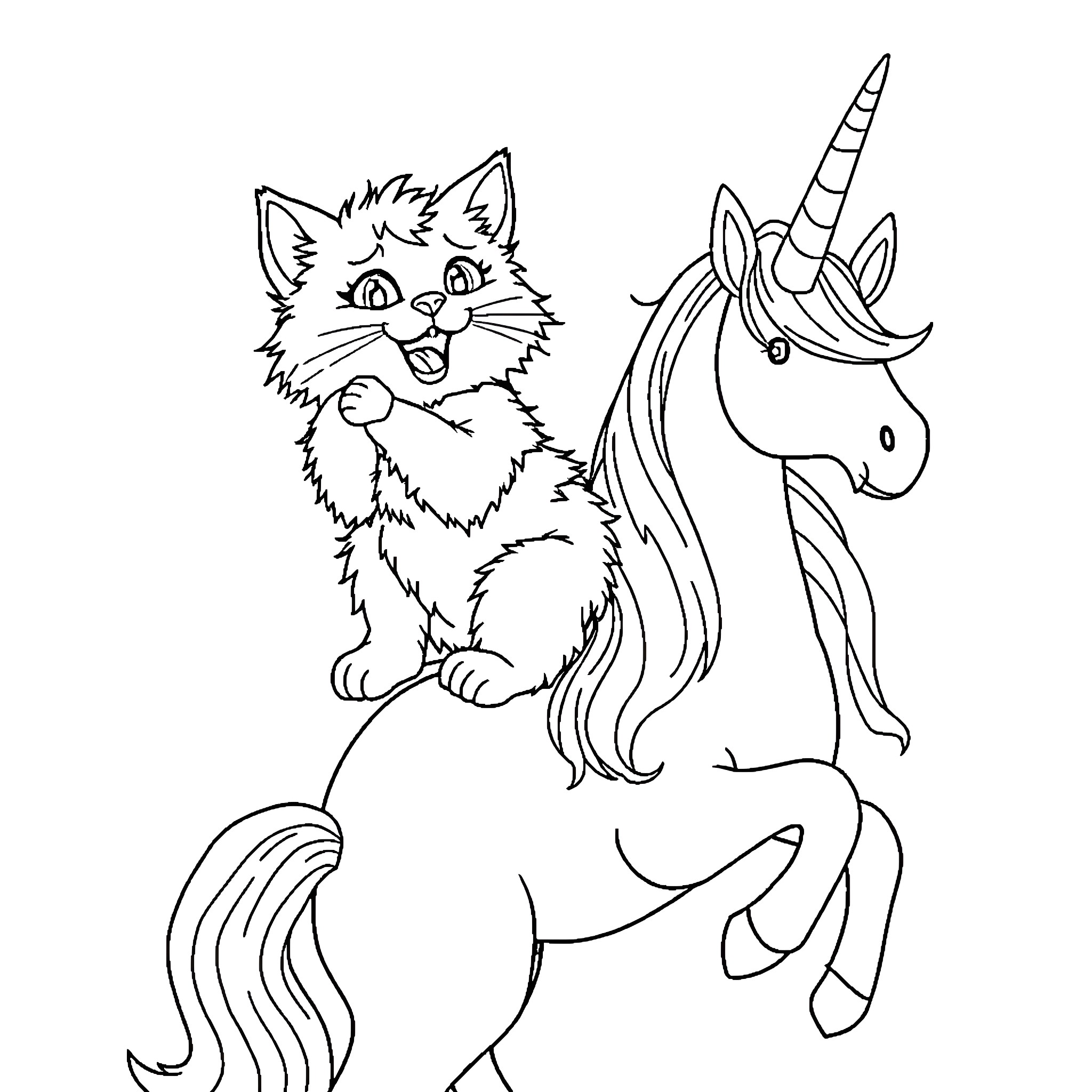 Cat and Unicorn in Playful Encounter Coloring Page (free black-and-white line drawing printable PDF for all, from beginners to advanced learners, including children, teens, adults, and seniors)