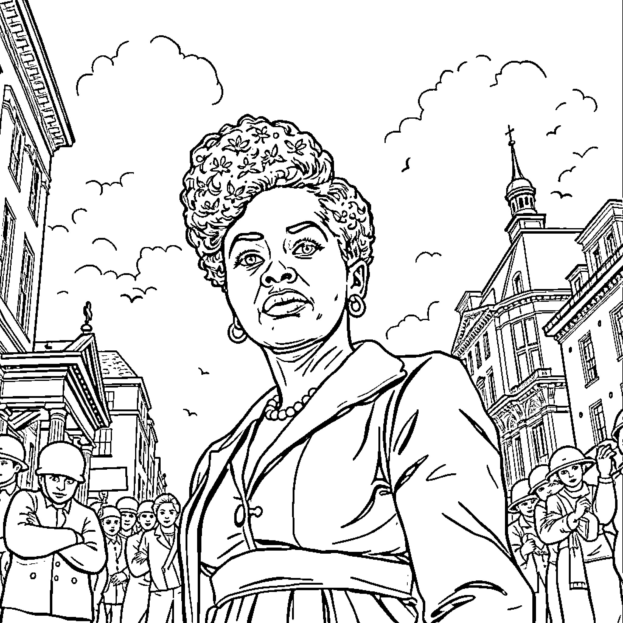 Viola Desmond standing amidst a crowd in a city scene Coloring Page (free black-and-white line drawing printable PDF for all, from beginners to advanced learners, including children, teens, adults, and seniors)