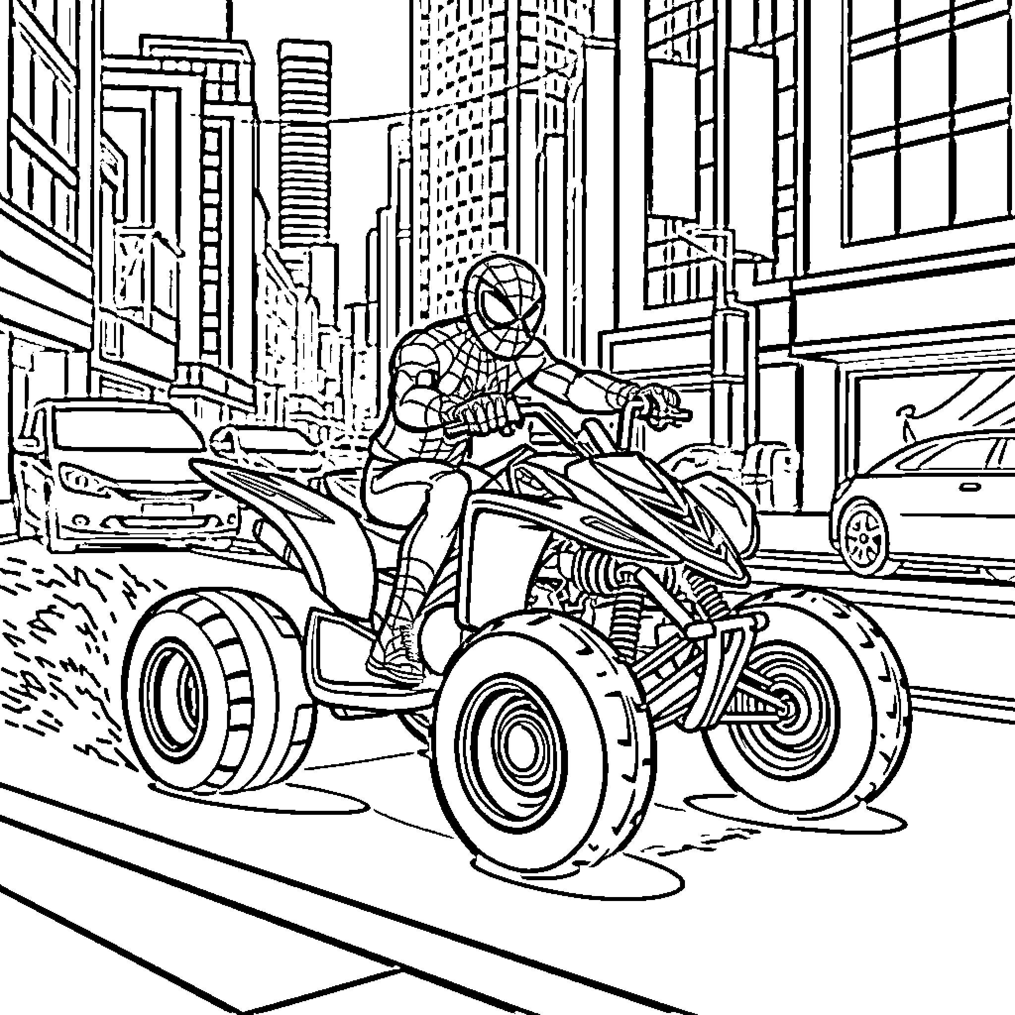 Spider-Man riding an ATV through the city streets Coloring Page (free black-and-white line drawing printable PDF for all, from beginners to advanced learners, including children, teens, adults, and seniors)
