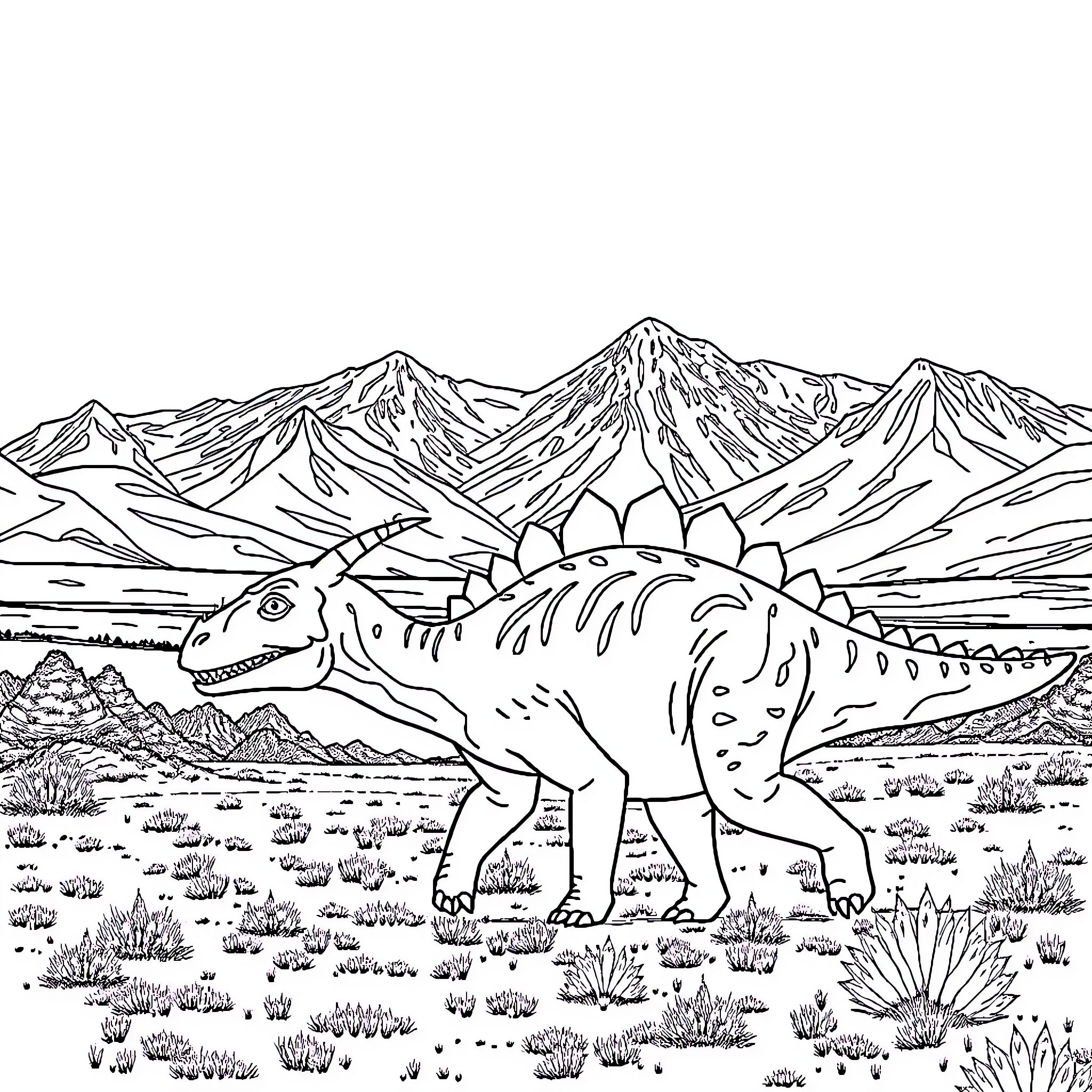 Carnotaurus standing amidst rugged mountain landscape Coloring Page (free black-and-white line drawing printable PDF for all, from beginners to advanced learners, including children, teens, adults, and seniors)