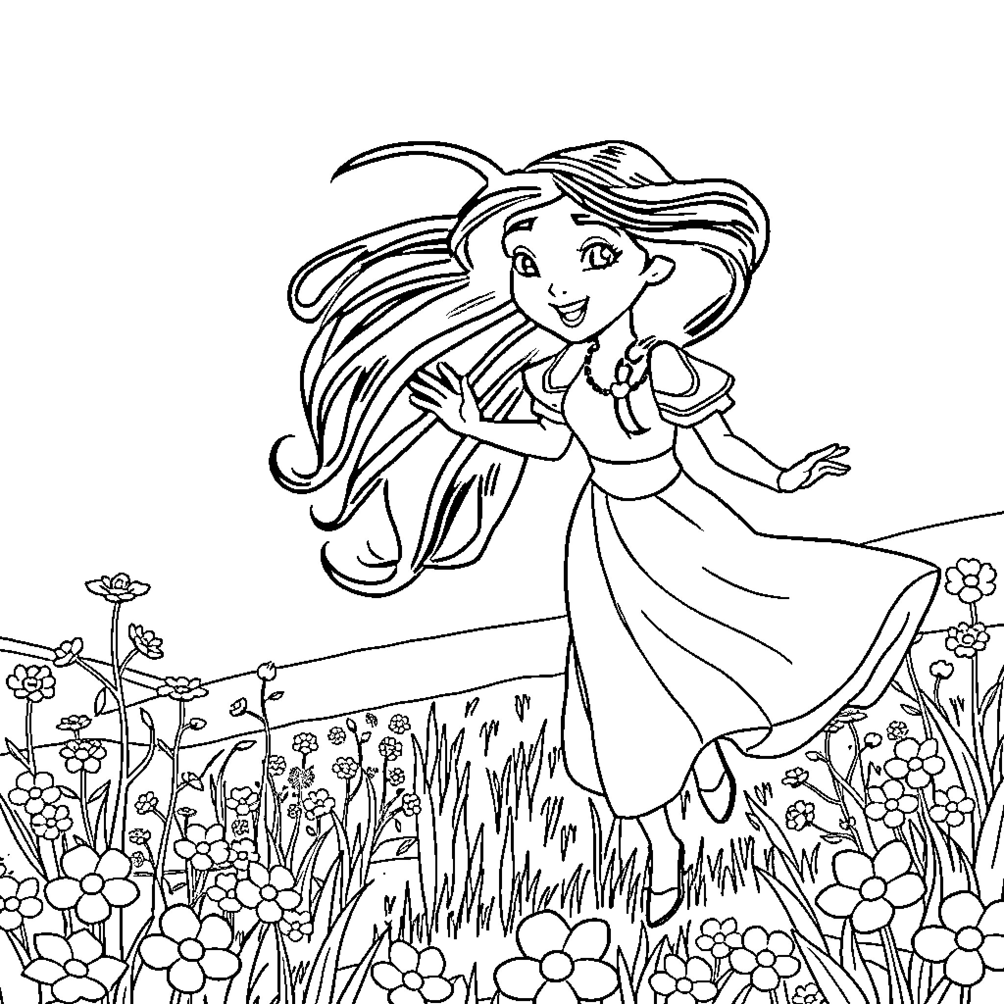 Mulan exploring the magical garden Coloring Page (free black-and-white line drawing printable PDF for all, from beginners to advanced learners, including children, teens, adults, and seniors)