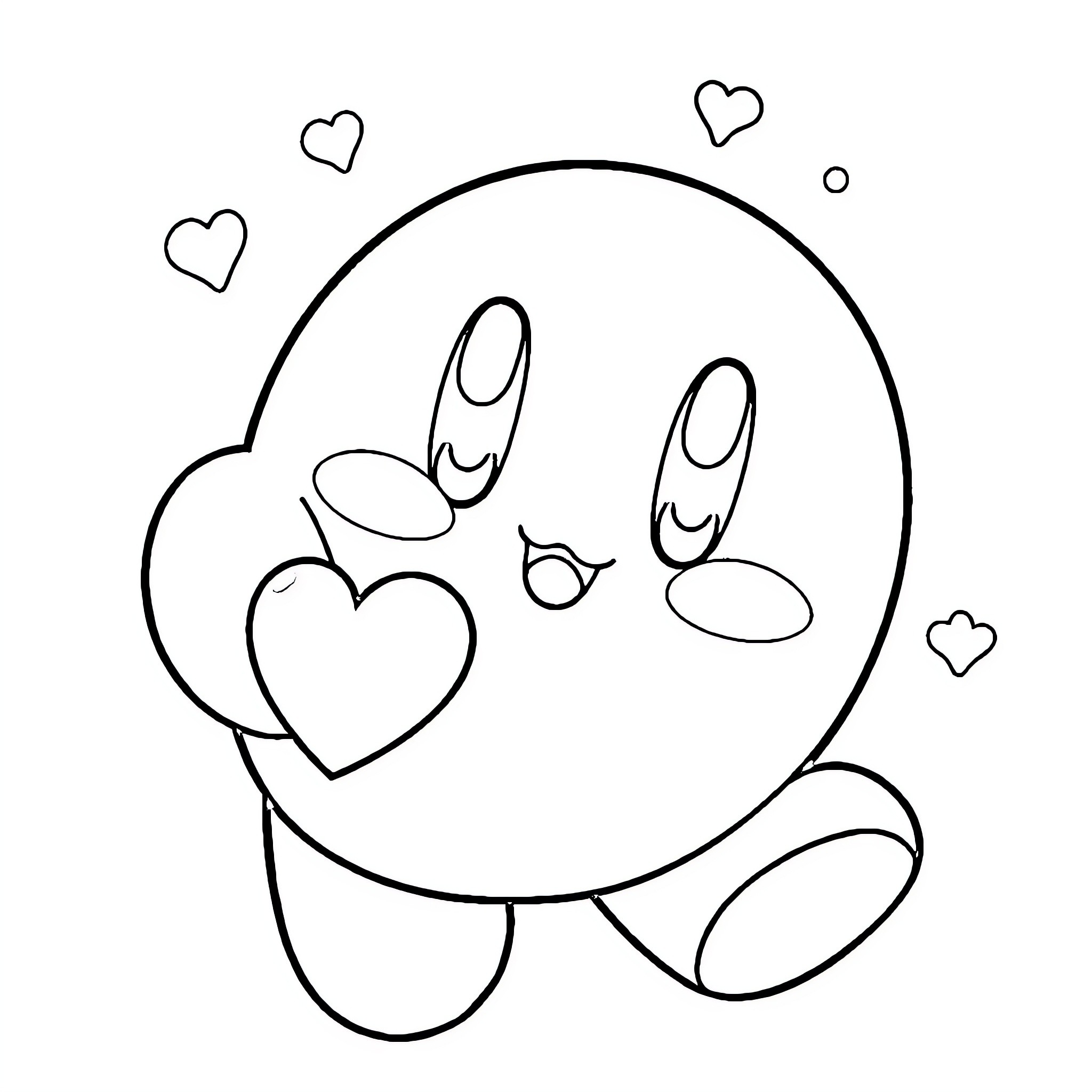 Kirby expressing love with hearts Coloring Page (free black-and-white line drawing printable PDF for all, from beginners to advanced learners, including children, teens, adults, and seniors)