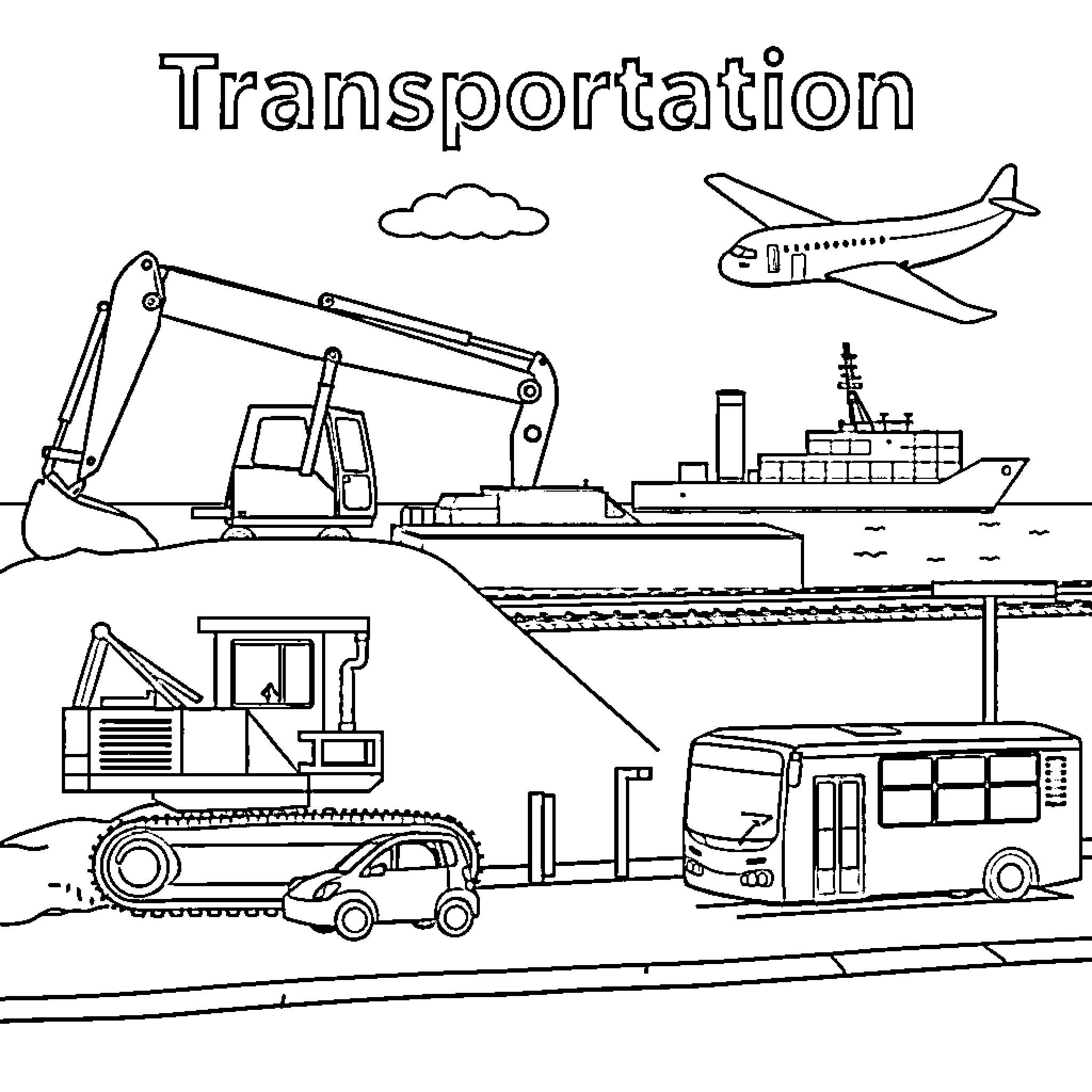 Transportation Vehicles and Equipment in Action Coloring Page (free black-and-white line drawing printable PDF for all, from beginners to advanced learners, including children, teens, adults, and seniors)