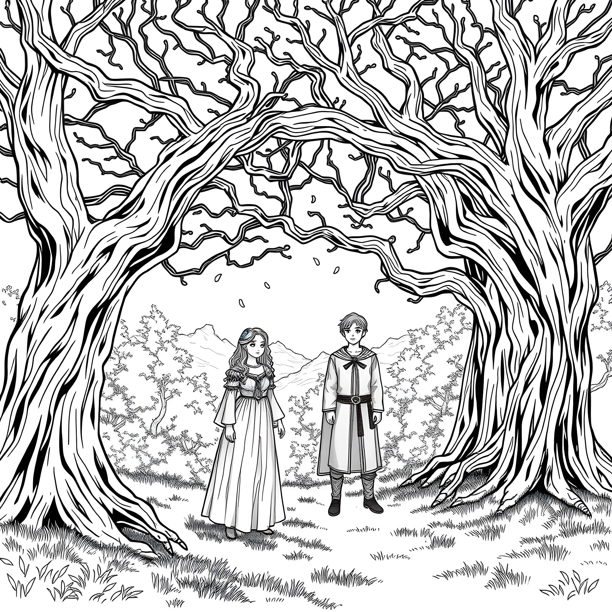 Aelin and Rowan in the Enchanted Forest Coloring Page (free black-and-white line drawing printable PDF for all, from beginners to advanced learners, including children, teens, adults, and seniors)