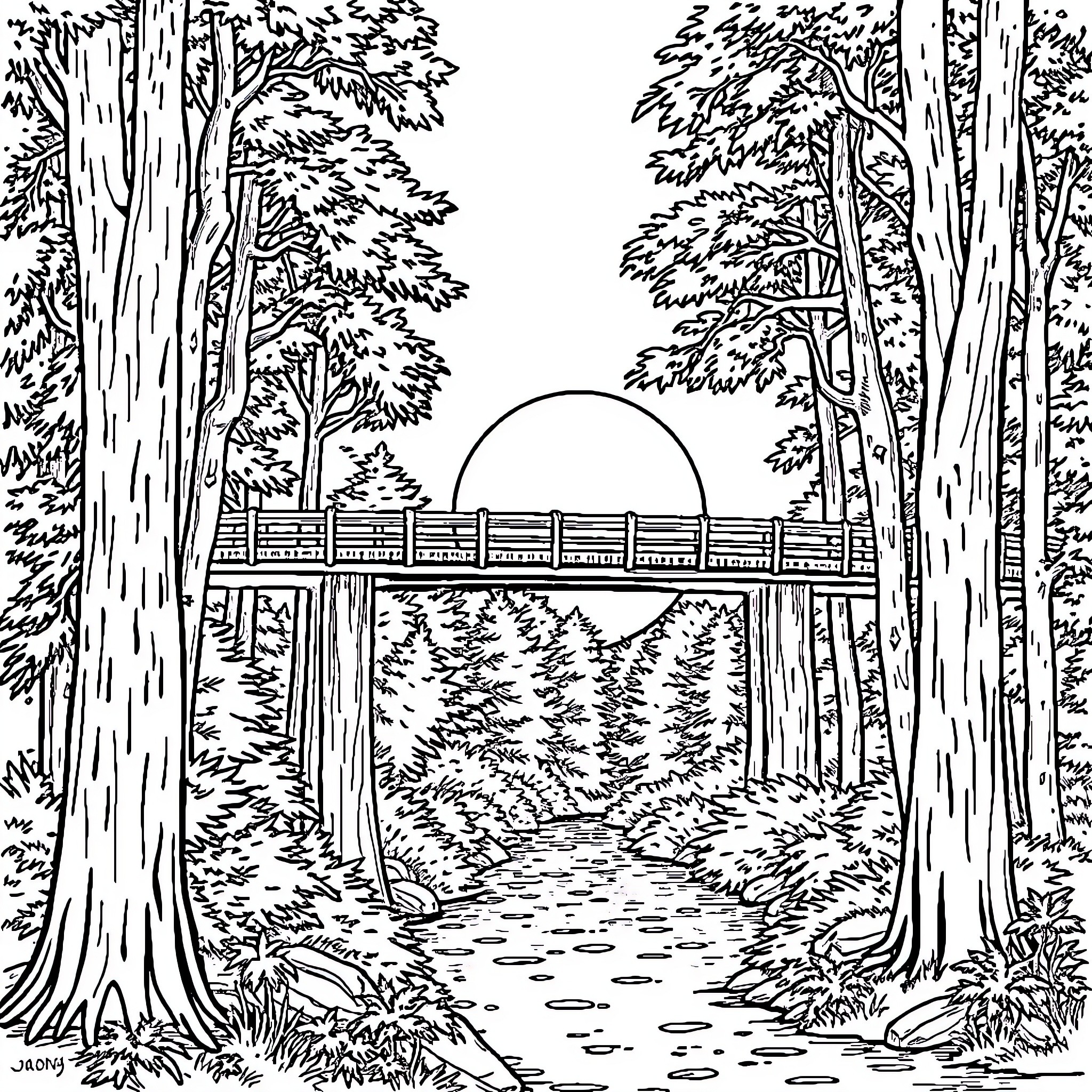 Sunrise at the Peaceful Forest Bridge Coloring Page (free black-and-white line drawing printable PDF for all, from beginners to advanced learners, including children, teens, adults, and seniors)