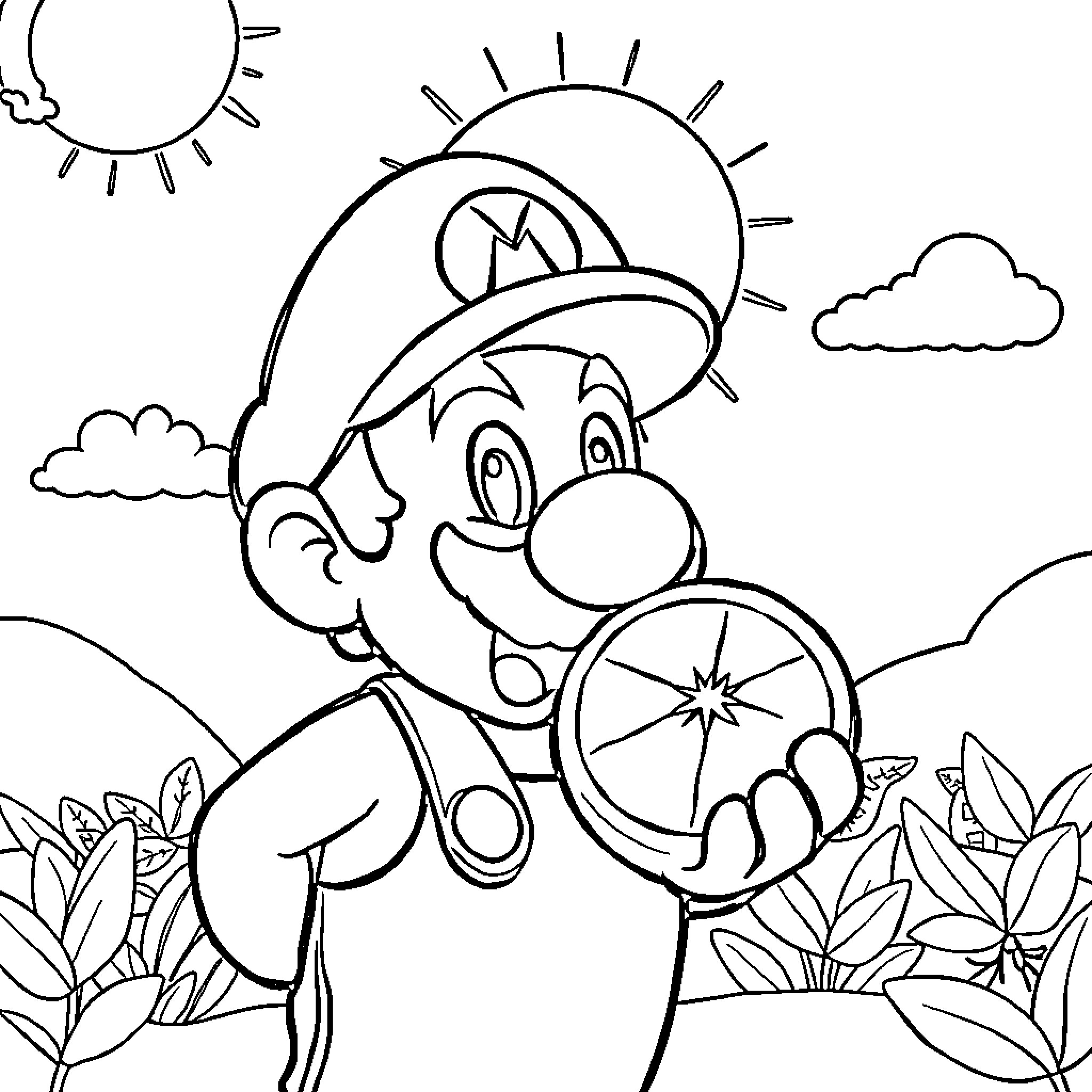 Mario exploring the sunny outdoors Coloring Page (free black-and-white line drawing printable PDF for all, from beginners to advanced learners, including children, teens, adults, and seniors)