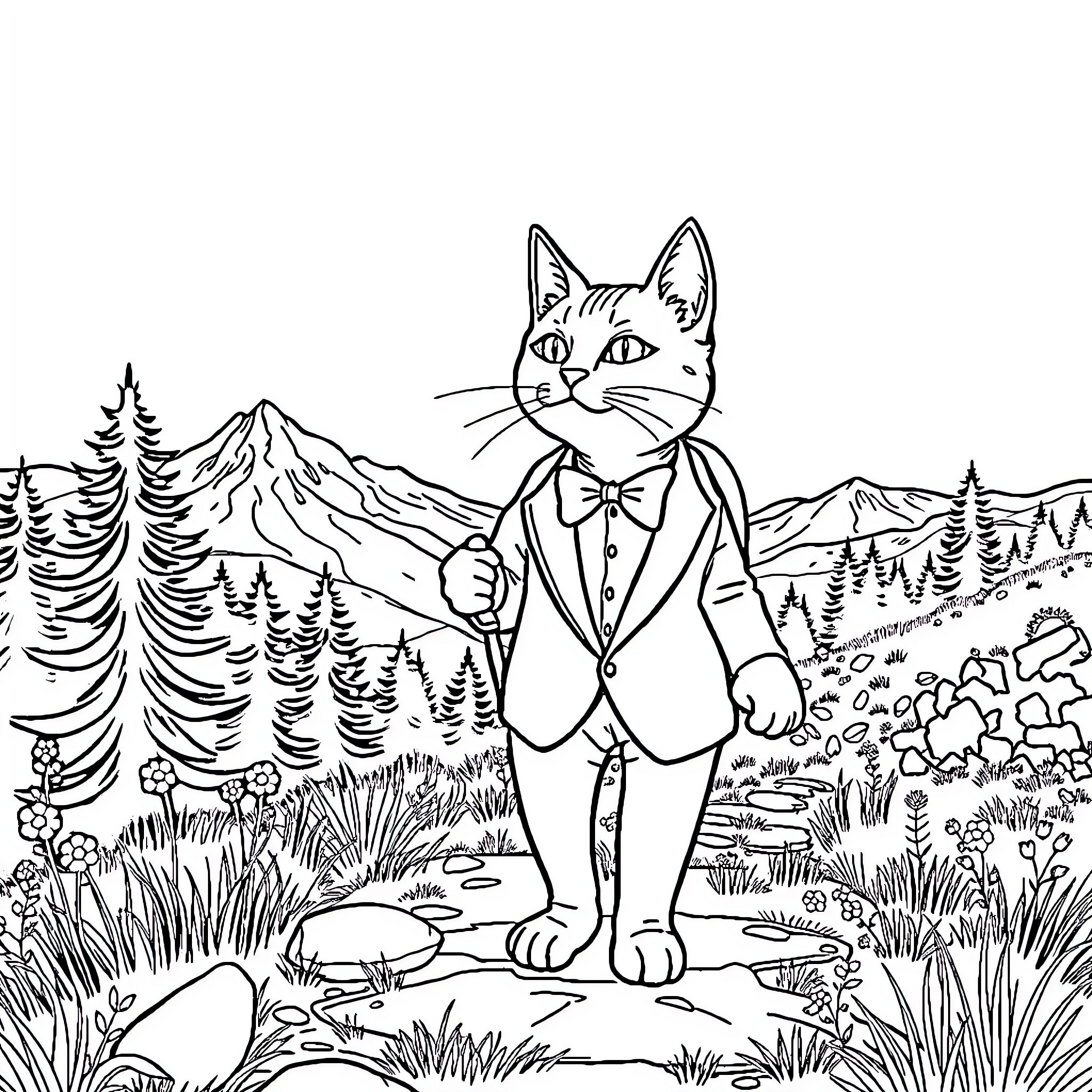 Cat in a Formal Suit Exploring Nature Coloring Page (free black-and-white line drawing printable PDF for all, from beginners to advanced learners, including children, teens, adults, and seniors)