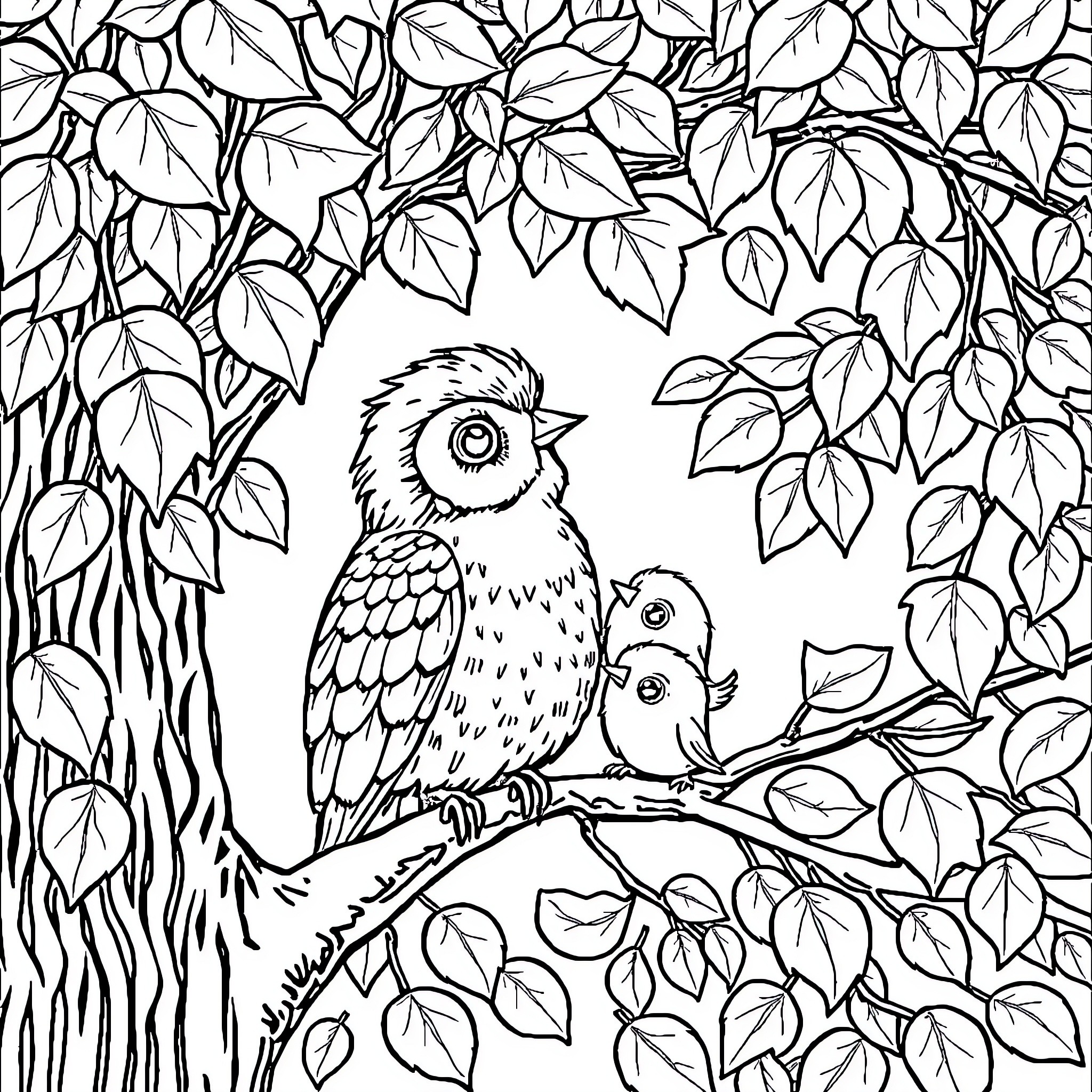 Owl and its hatchling resting on a tree branch Coloring Page (free black-and-white line drawing printable PDF for all, from beginners to advanced learners, including children, teens, adults, and seniors)