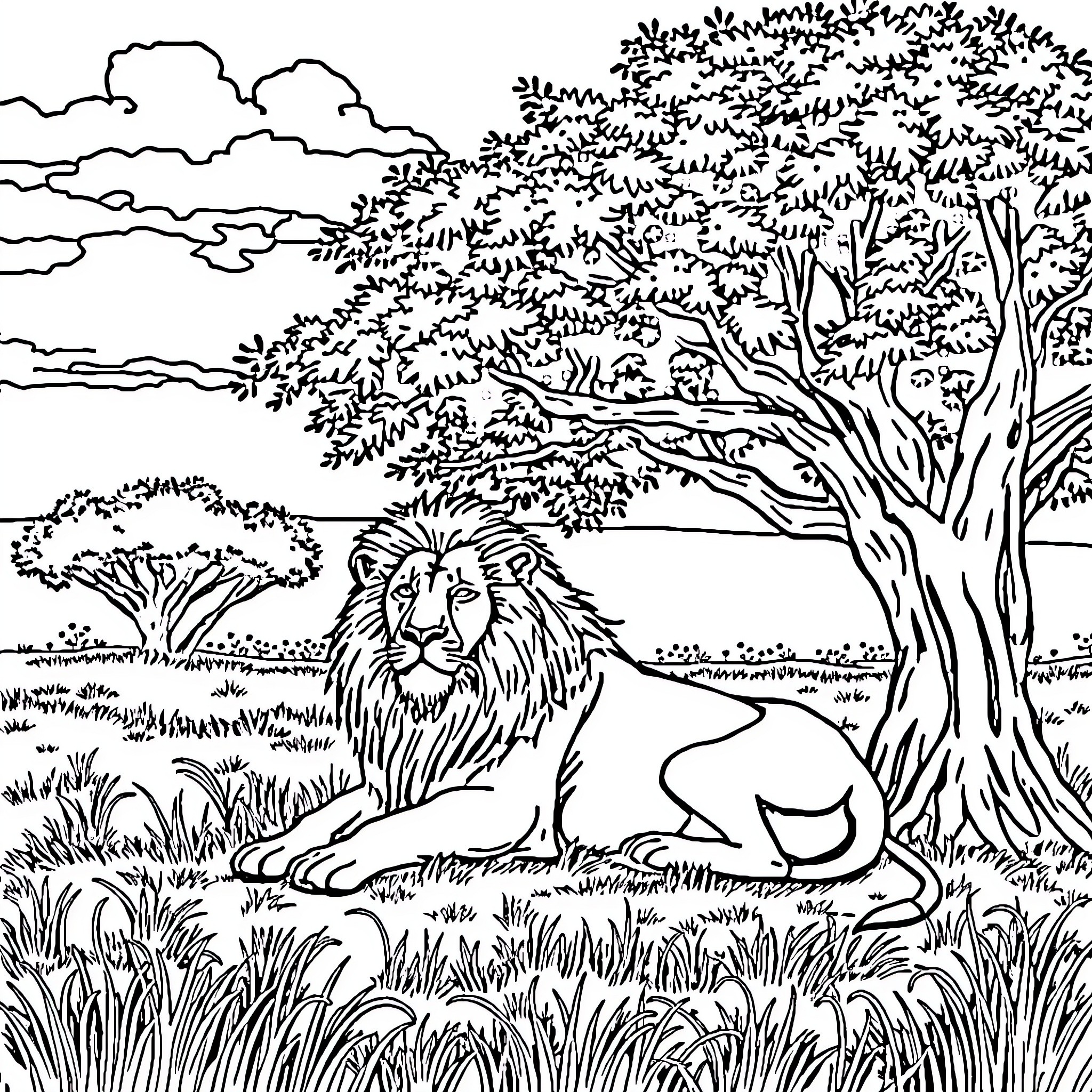 Lion resting peacefully in natural habitat Coloring Page (free black-and-white line drawing printable PDF for all, from beginners to advanced learners, including children, teens, adults, and seniors)