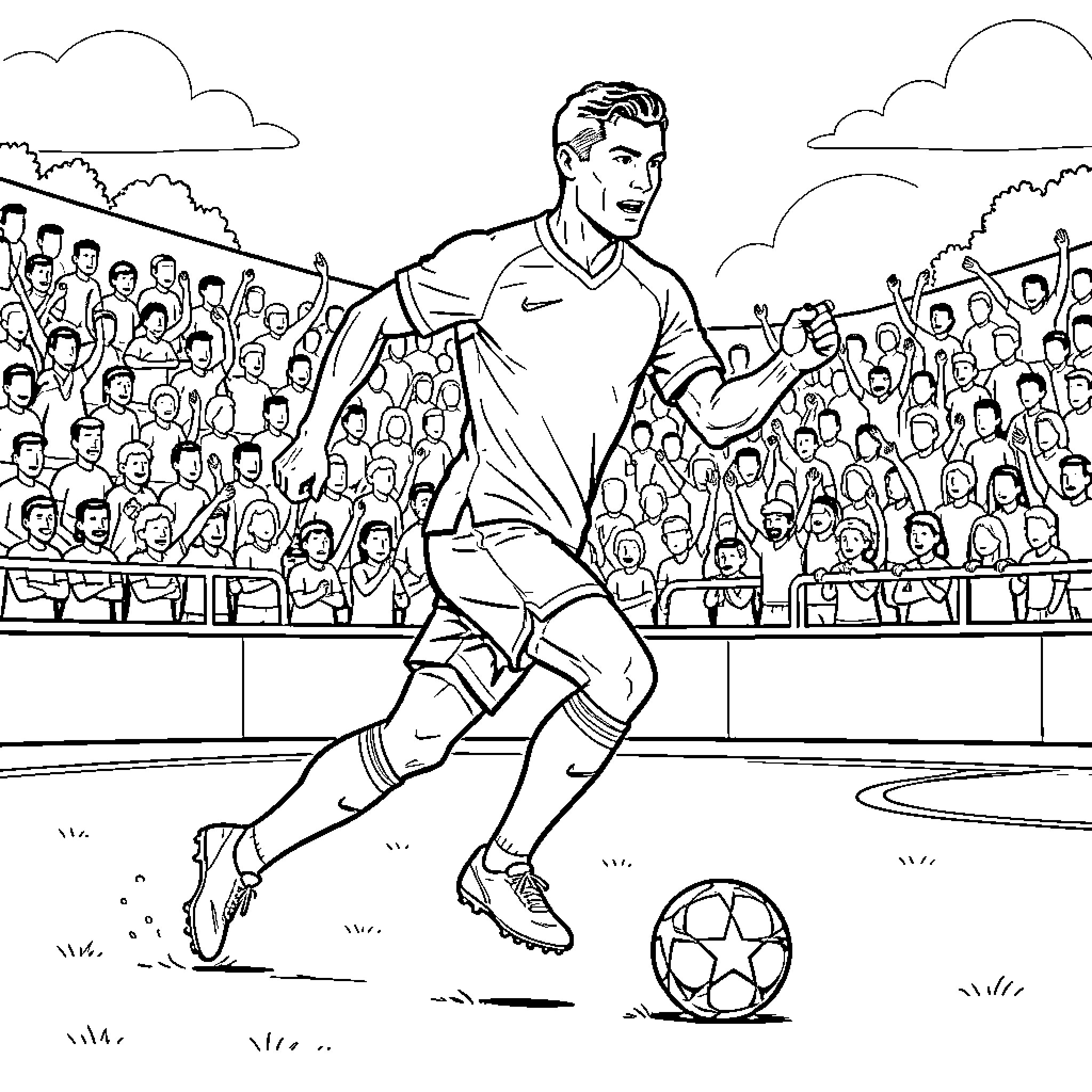 Ronaldo dribbling a soccer ball during a match Coloring Page (free black-and-white line drawing printable PDF for all, from beginners to advanced learners, including children, teens, adults, and seniors)
