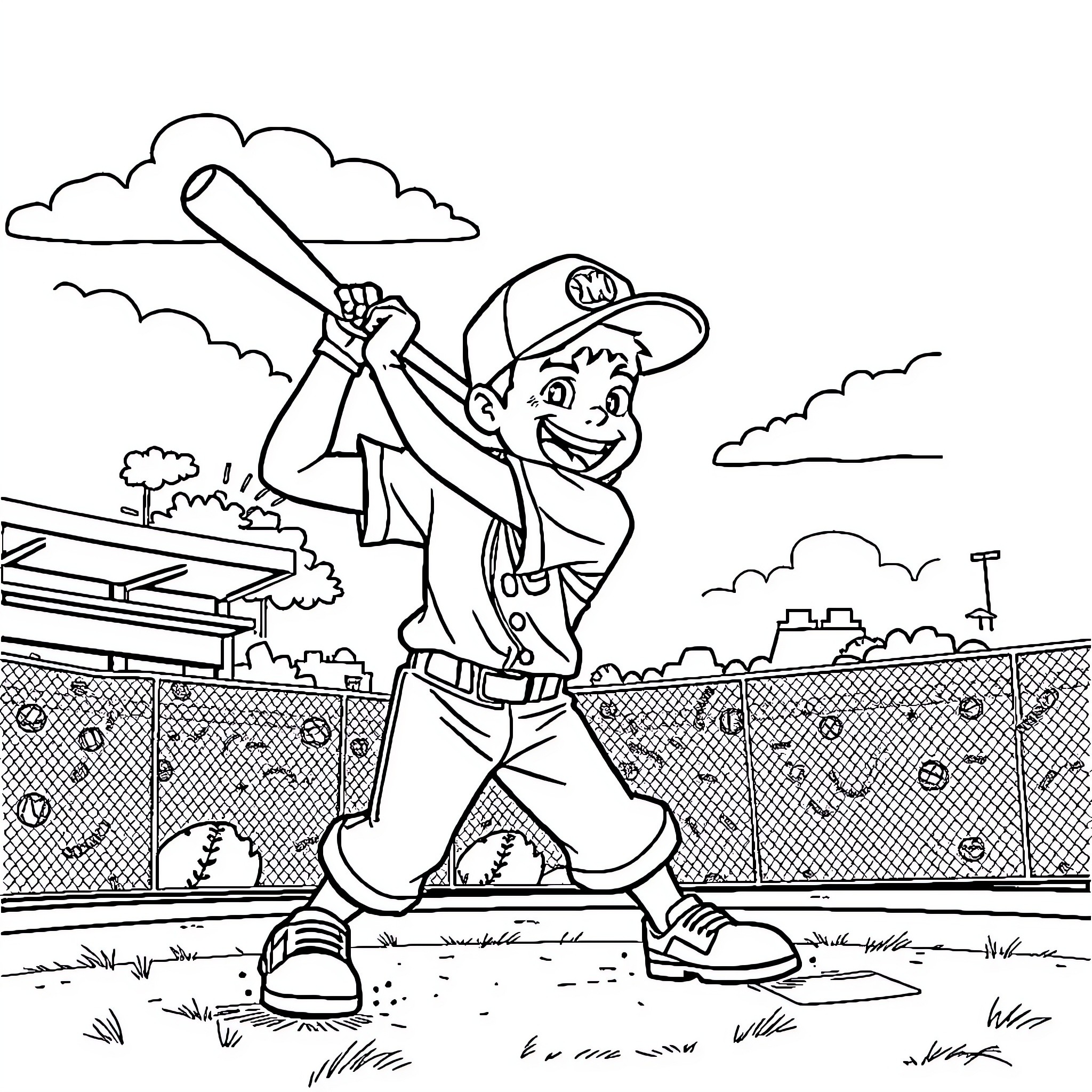 Miles Morales plays baseball in the park Coloring Page (free black-and-white line drawing printable PDF for all, from beginners to advanced learners, including children, teens, adults, and seniors)
