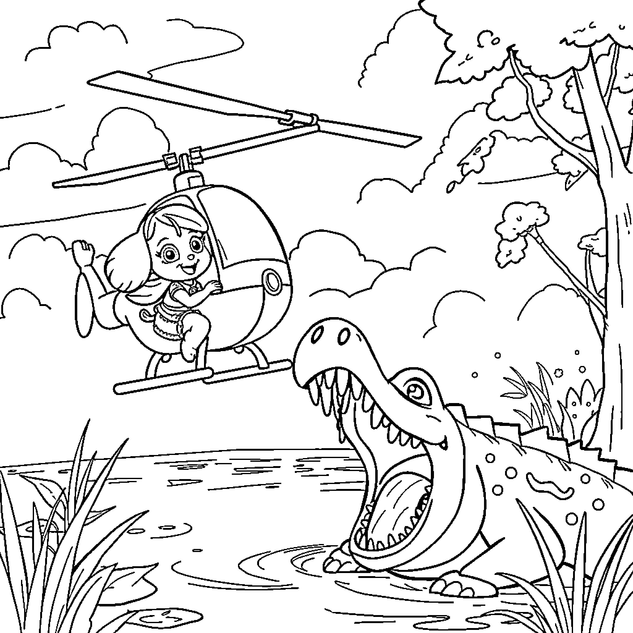 Skye's Helicopter Rescue Adventure Coloring Page (free black-and-white line drawing printable PDF for all, from beginners to advanced learners, including children, teens, adults, and seniors)