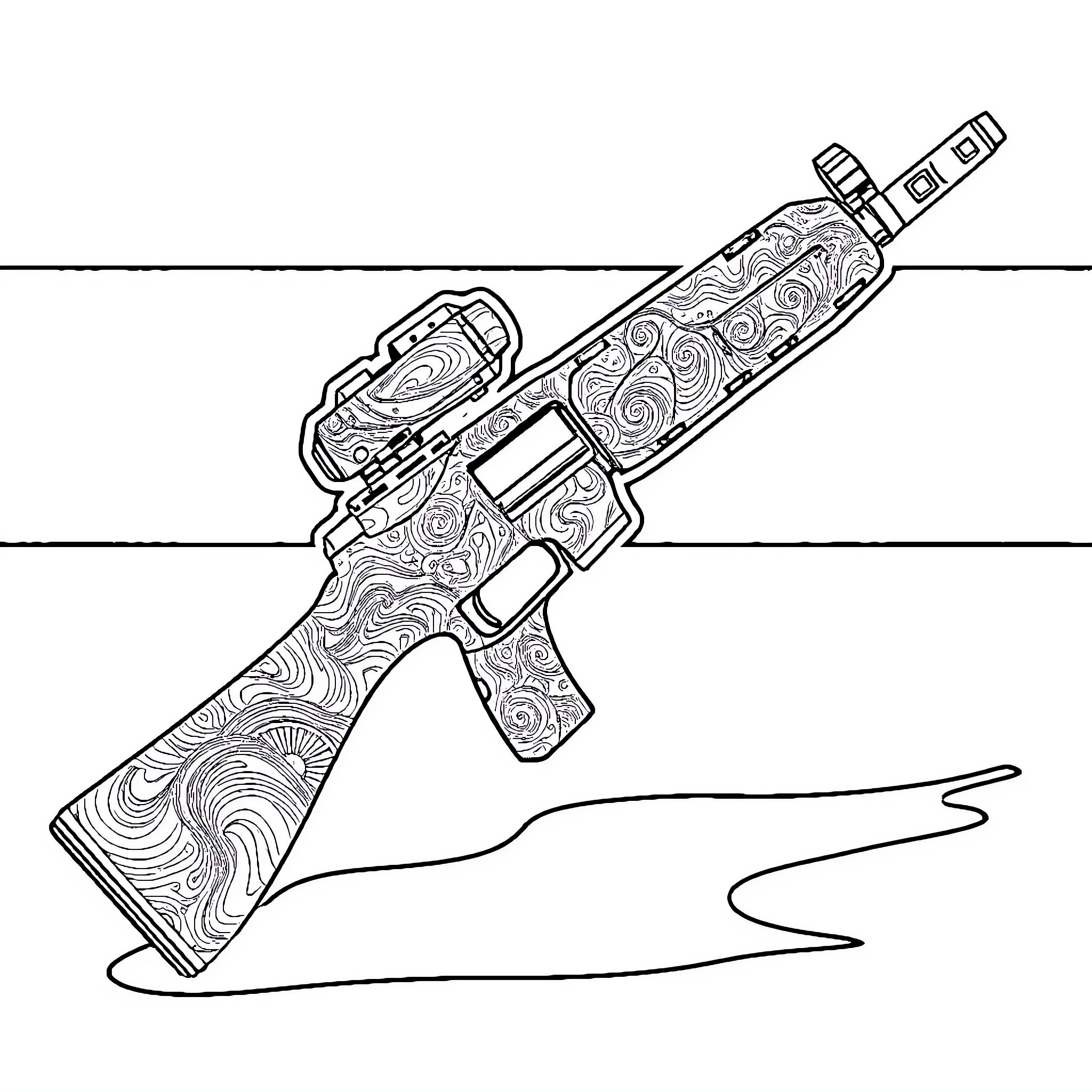Hyper Beast assault rifle with abstract designs Coloring Page (free black-and-white line drawing printable PDF for all, from beginners to advanced learners, including children, teens, adults, and seniors)