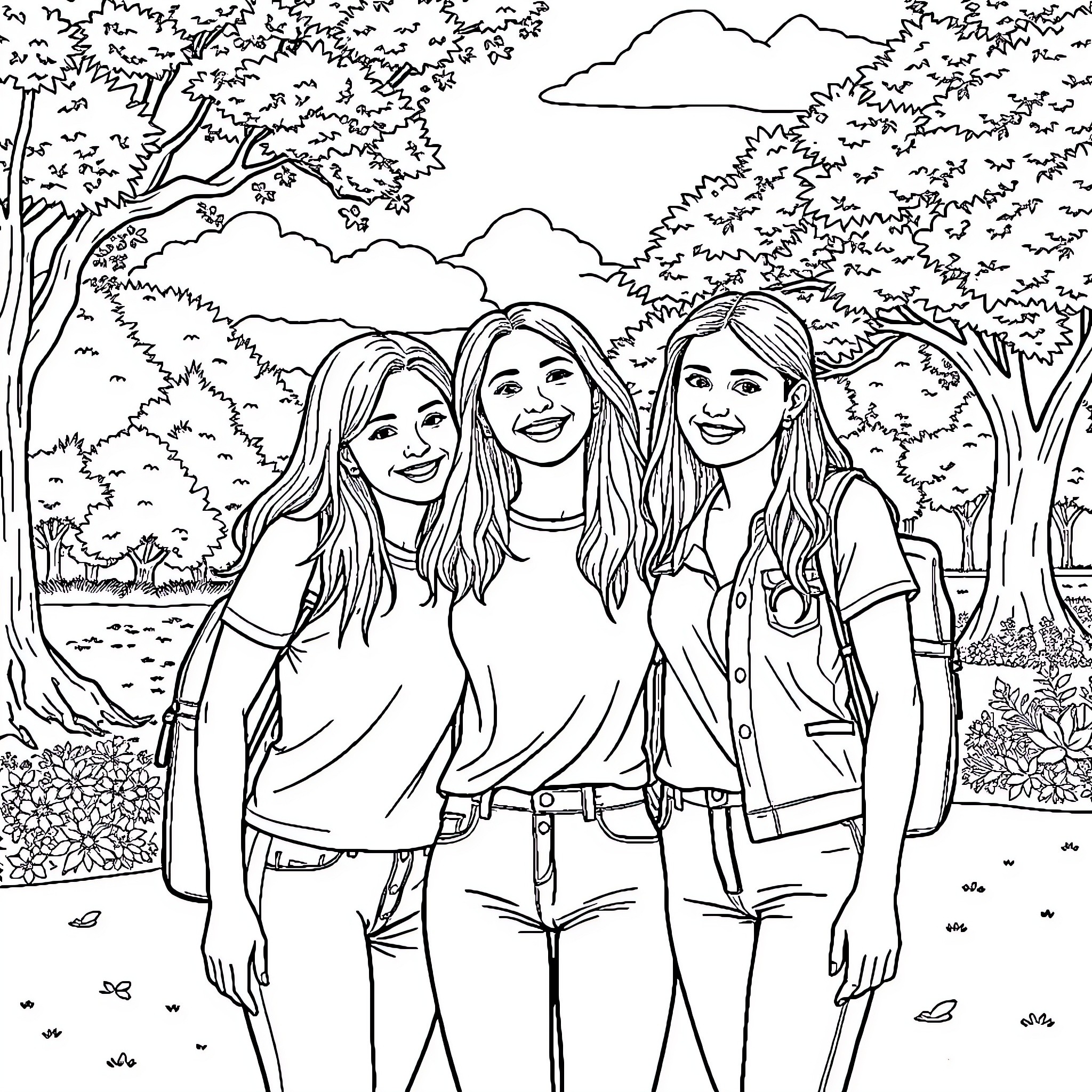 Friend enjoying an outdoor adventure with companions Coloring Page (free black-and-white line drawing printable PDF for all, from beginners to advanced learners, including children, teens, adults, and seniors)