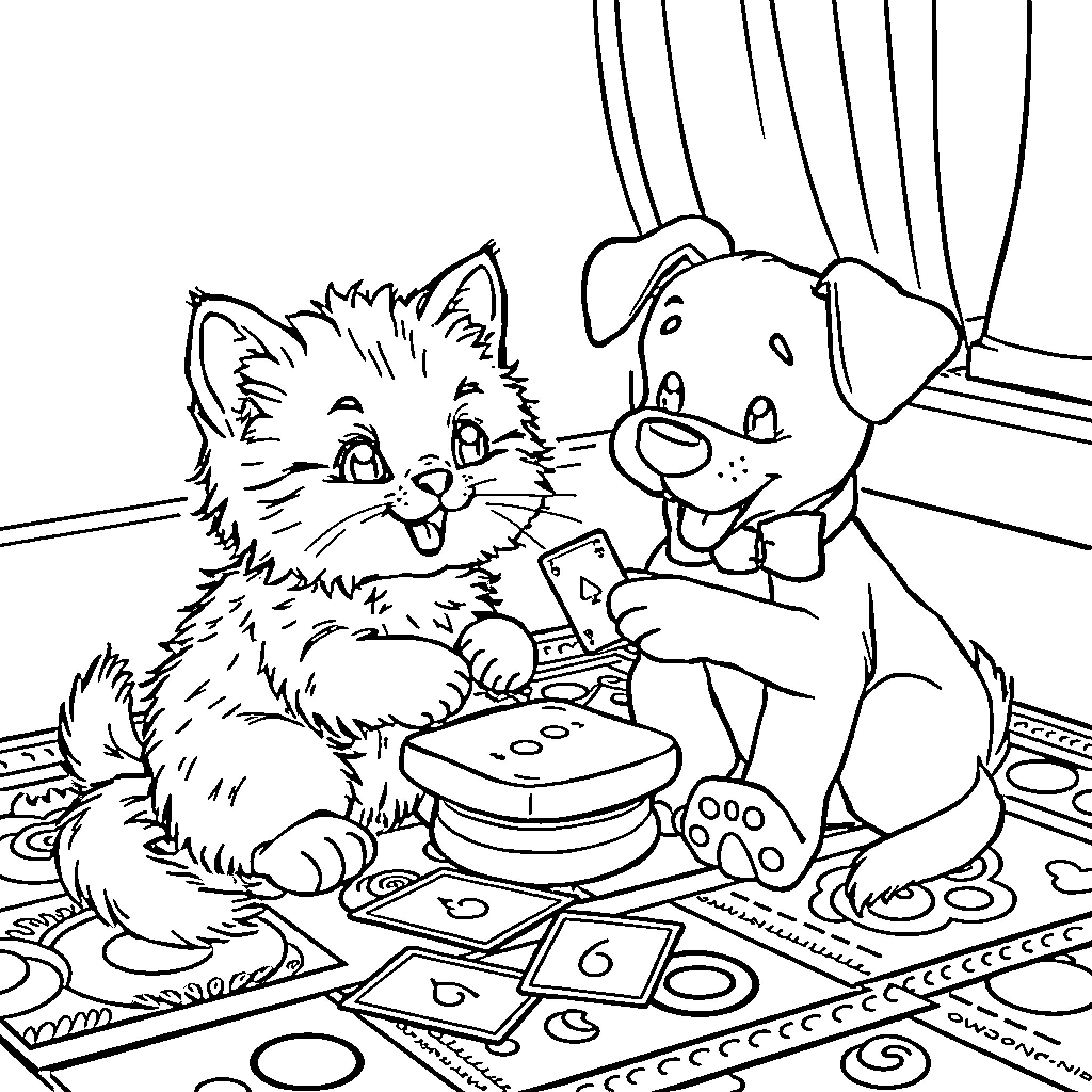 Kitten and Puppy Enjoying Art Supplies Together Coloring Page (free black-and-white line drawing printable PDF for all, from beginners to advanced learners, including children, teens, adults, and seniors)